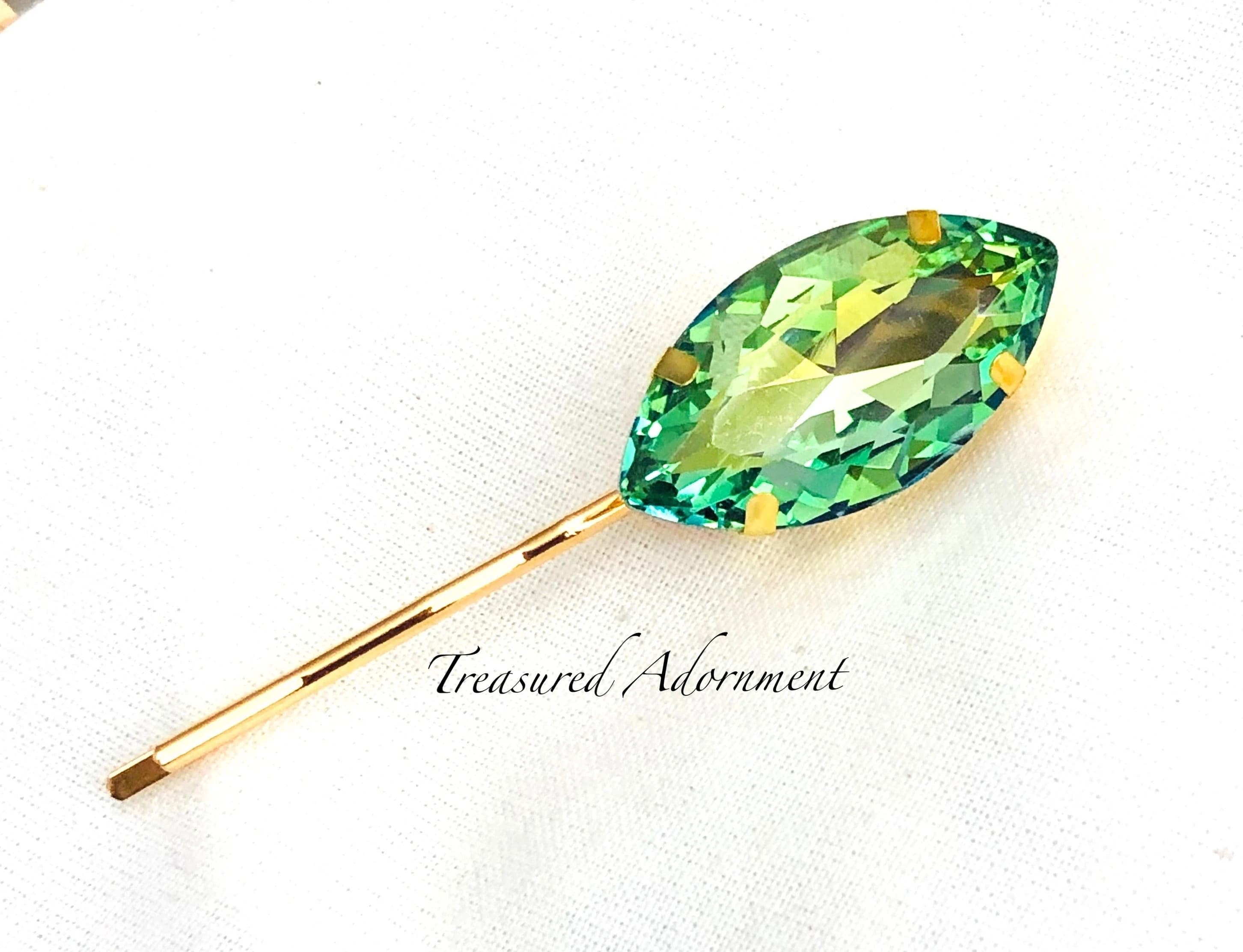 Vitrail Green and Yellow Rhinestone Bobby Pin, gold pin, Marquis Rhinestone, Gold Hair pin, wedding hair accessory, Prom Hair pins, Party
