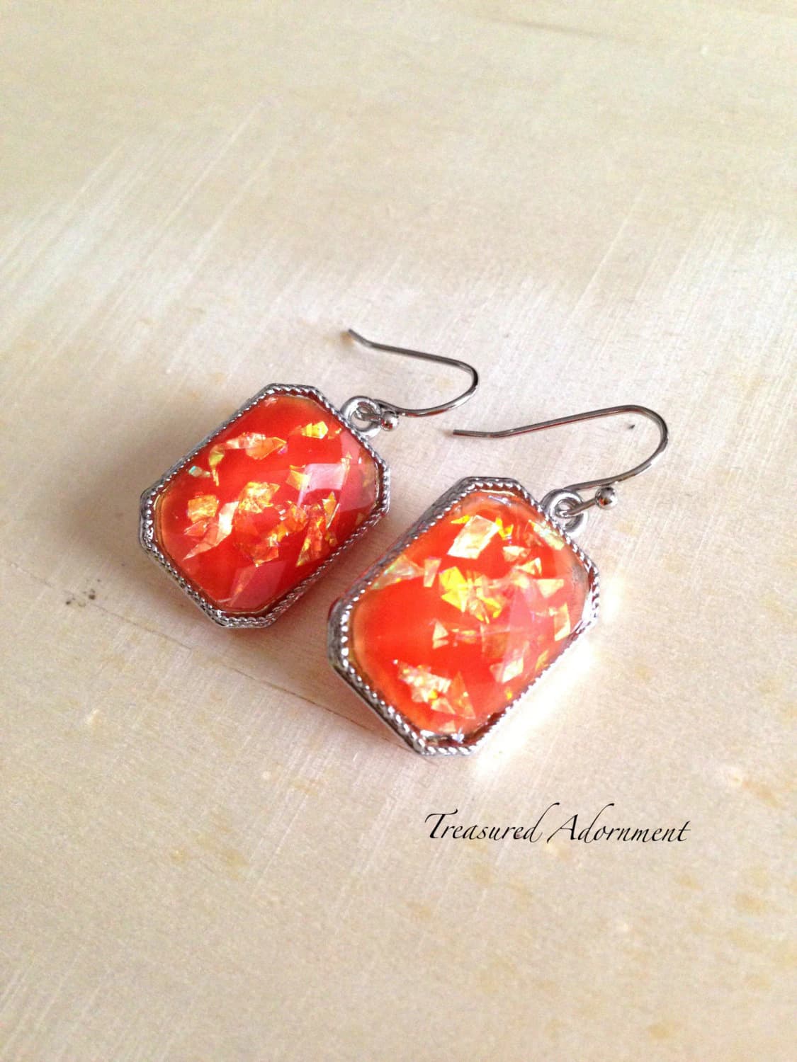 Opal in Pink Blossoms Earrings, Rectangle, Coral Earrings, Valentine's Day gift, Breast Cancer Awareness Earrings, Mother's Day gift