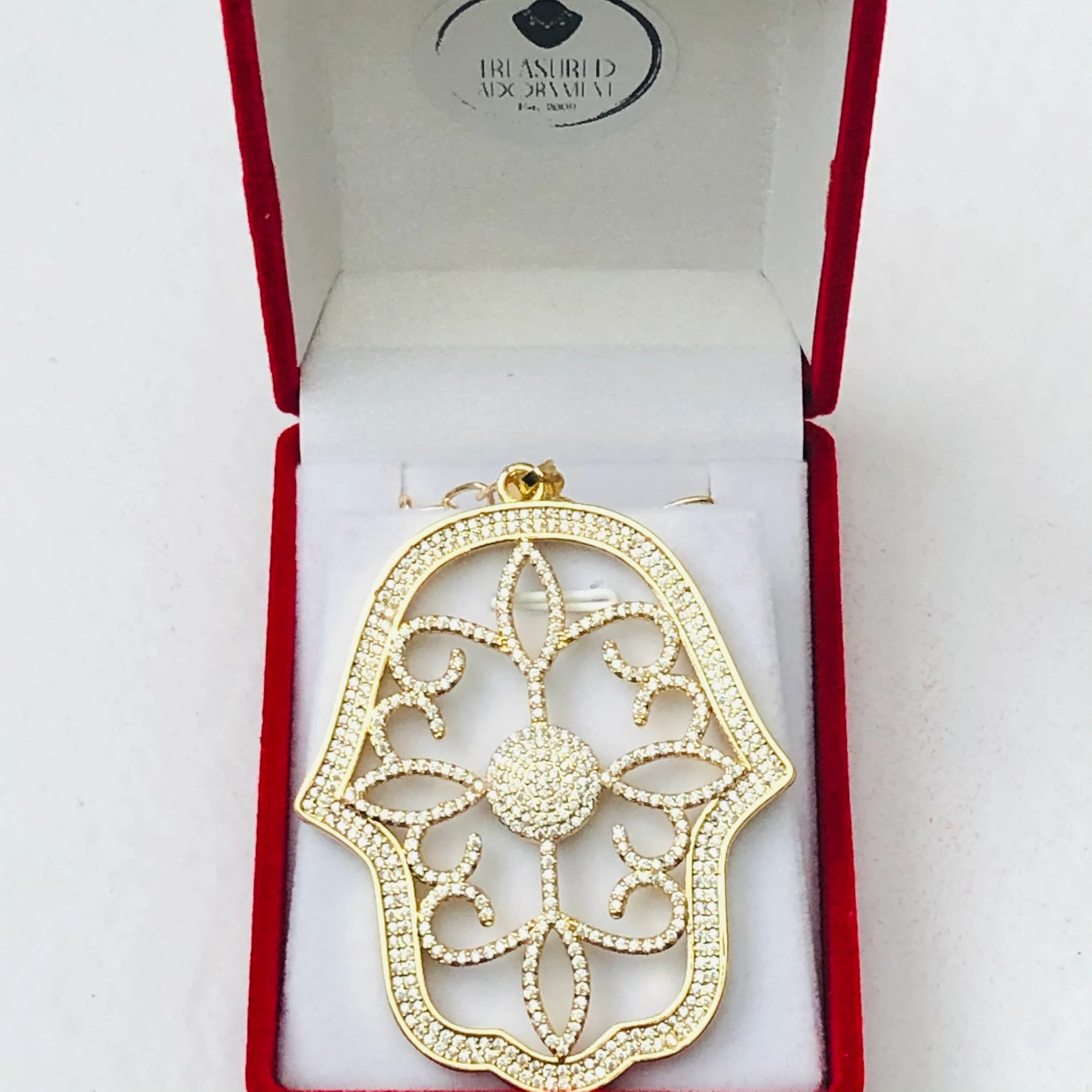 Hamsa Necklace, Large , Cubic Zirconia, 18K Gold Plated, Ramadan Eid gift, Statement Necklace, Hand of Fatima Necklace, Gold, Evil Eye - image 4