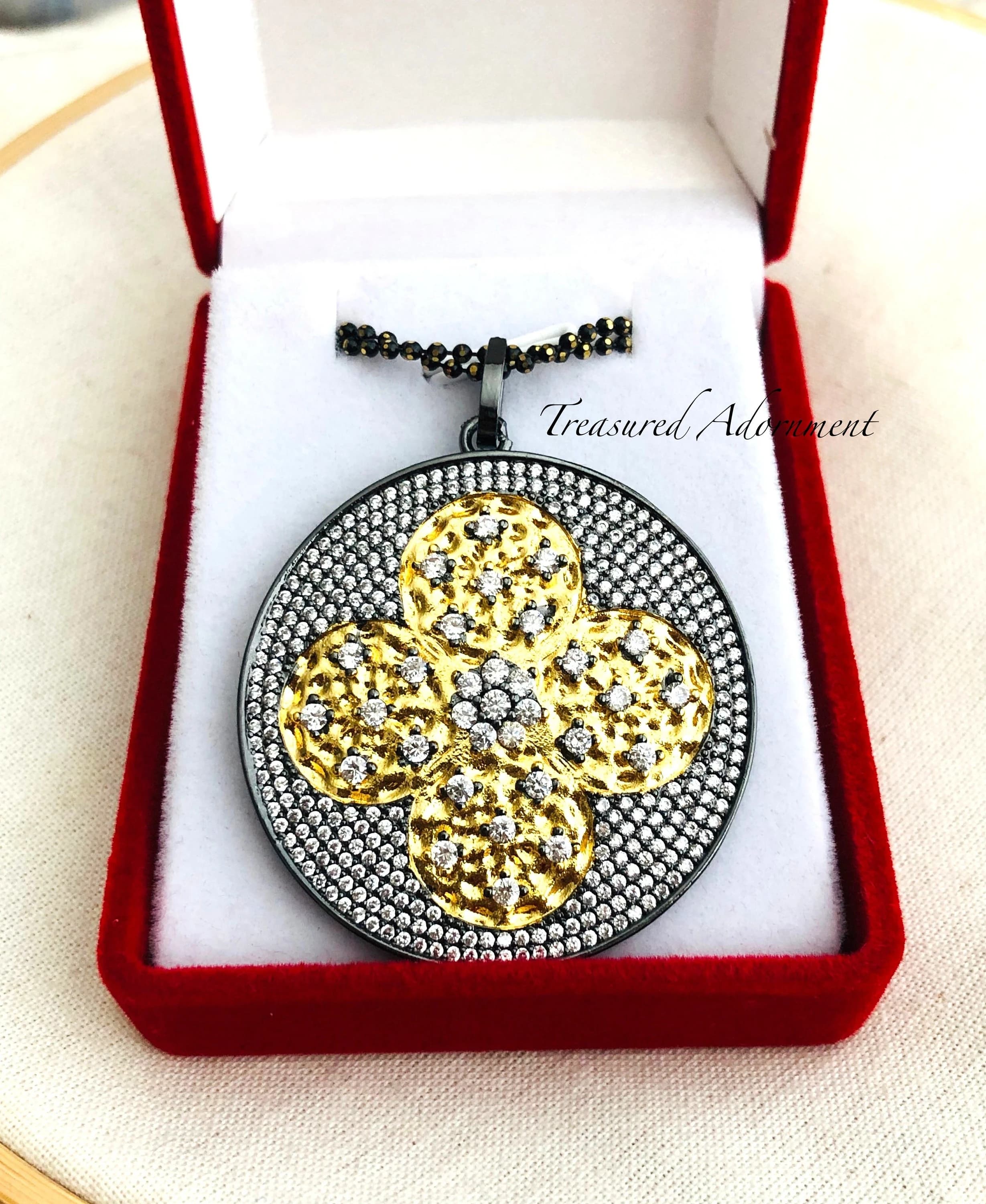 Gold Flower Pendant, Black and Gold, Cubic Zirconia, Gun Metal Necklace, Galaxy Necklace, Thank you gift, Ramadan Eid gift, long necklace - image 3