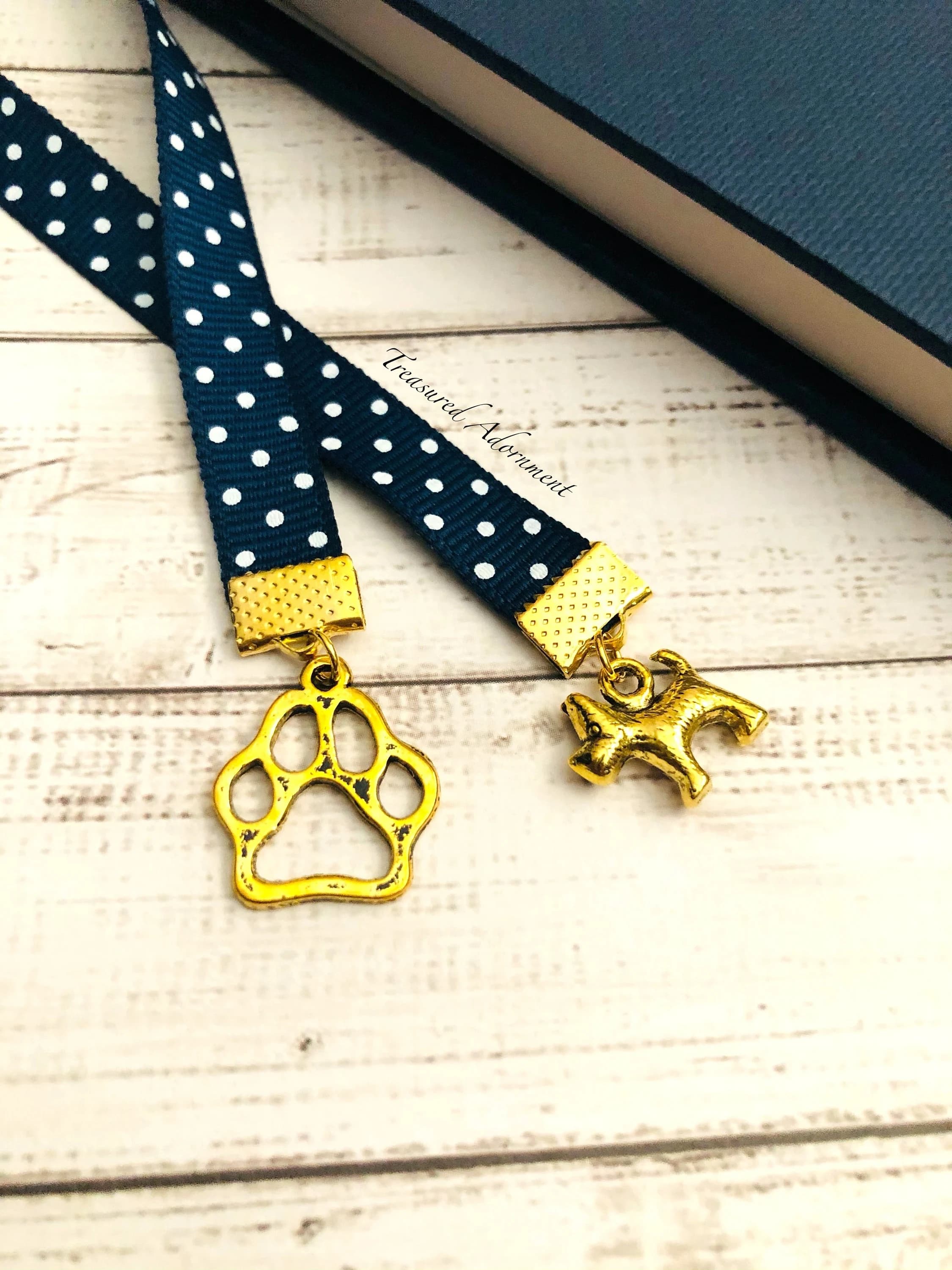 Bookmark, Paw print and Puppy charms Ribbon Bookmark, Navy Polkadot Ribbon, Bookworm, Dog Mom, Planner Accessory, Puppy, Gift for Mom, Pooch