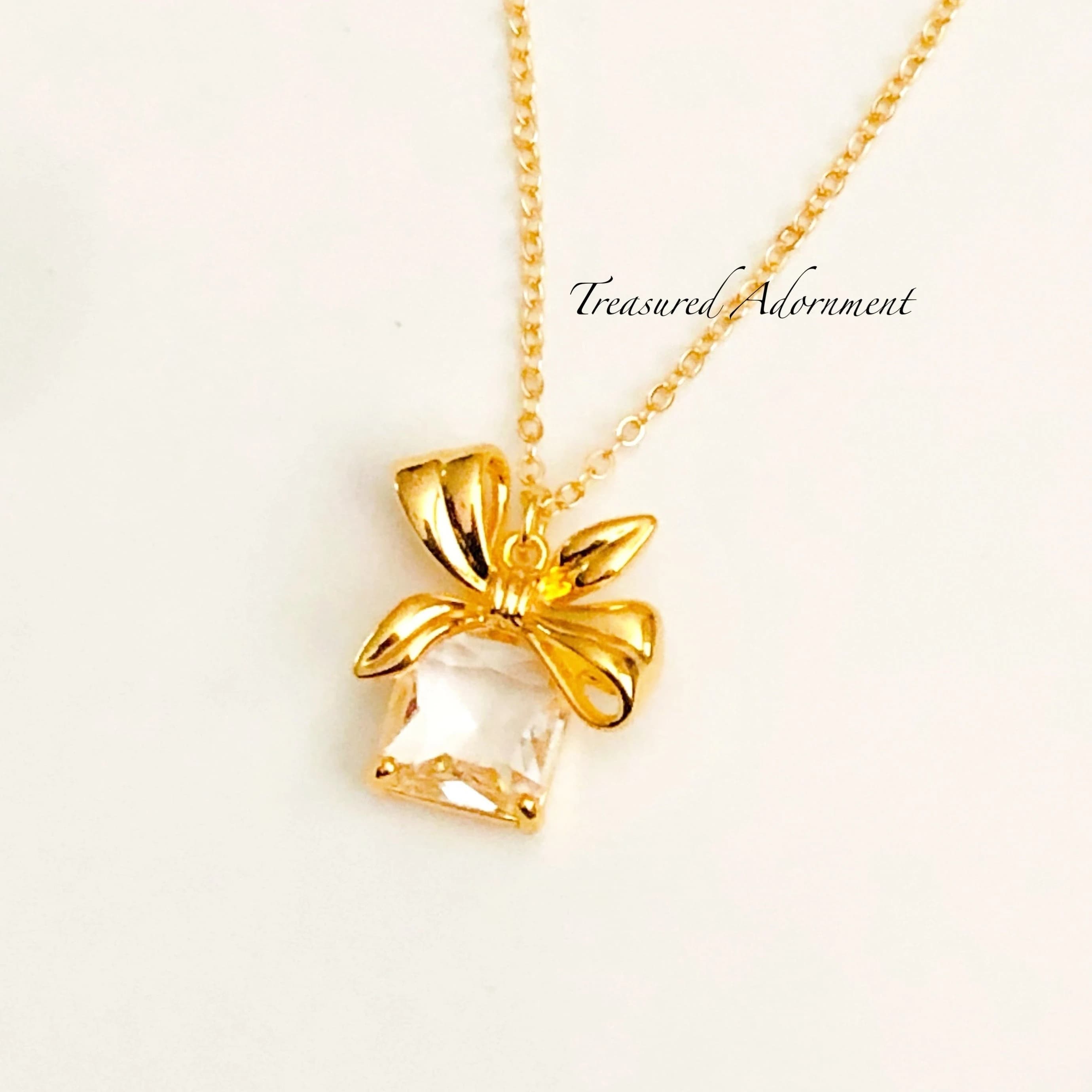 Cubic Zirconia Pendant, Bow Pendant, Clear CZ, Clear Cubic Zirconia, 18K Gold plated Necklace, Rectangle CZ, Ramadan Gift Eid gift