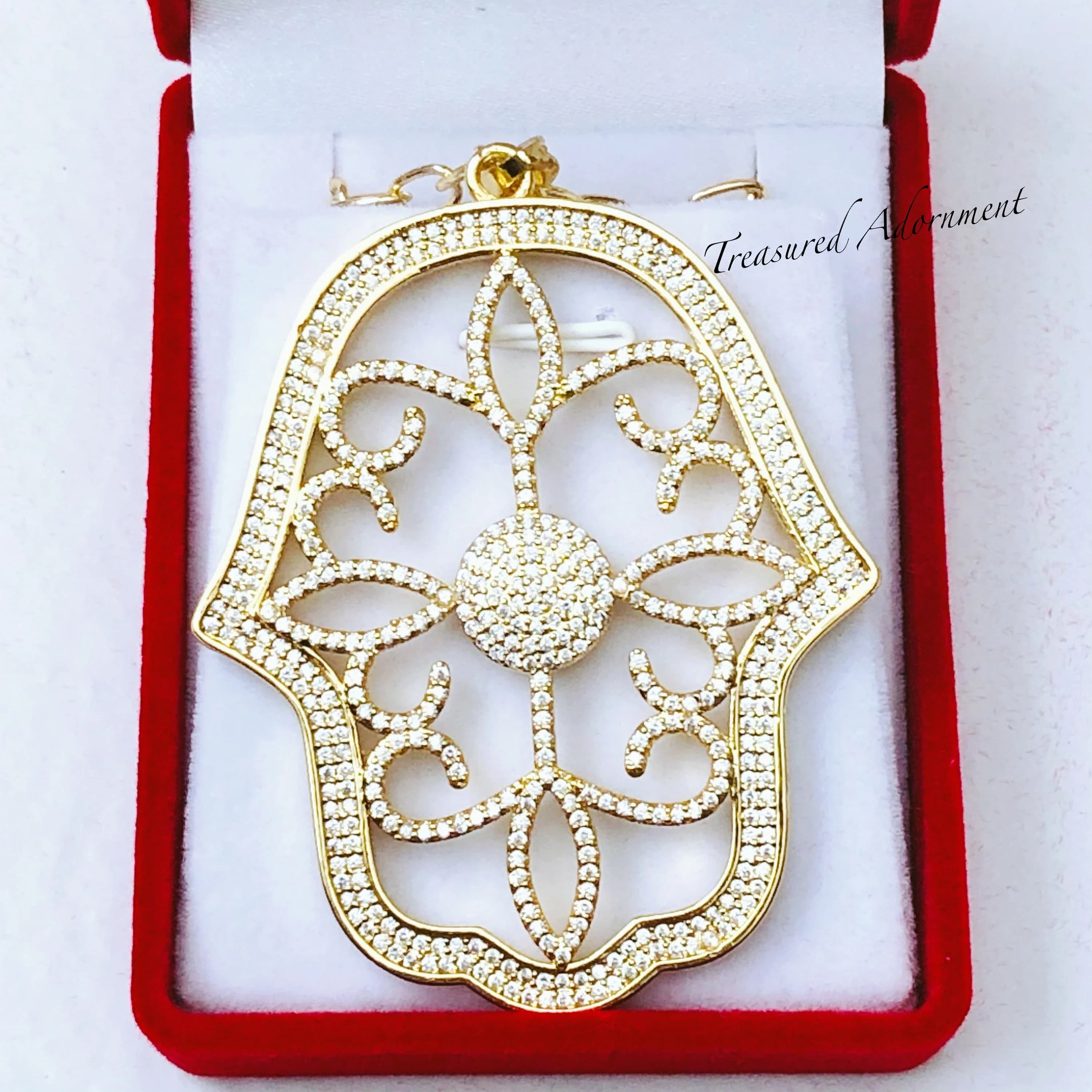 Hamsa Necklace, Large , Cubic Zirconia, 18K Gold Plated, Ramadan Eid gift, Statement Necklace, Hand of Fatima Necklace, Gold, Evil Eye - image 3