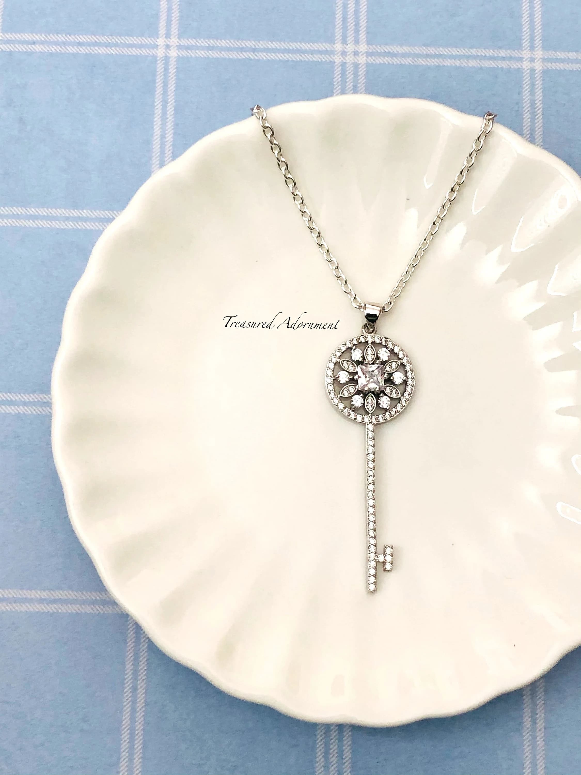 Skeleton Key Necklace, Cubic Zirconia Key Necklace, Rhodium plated, Round Skeleton Key Necklace, Cubic Zirconia Pendant, Graduation gift