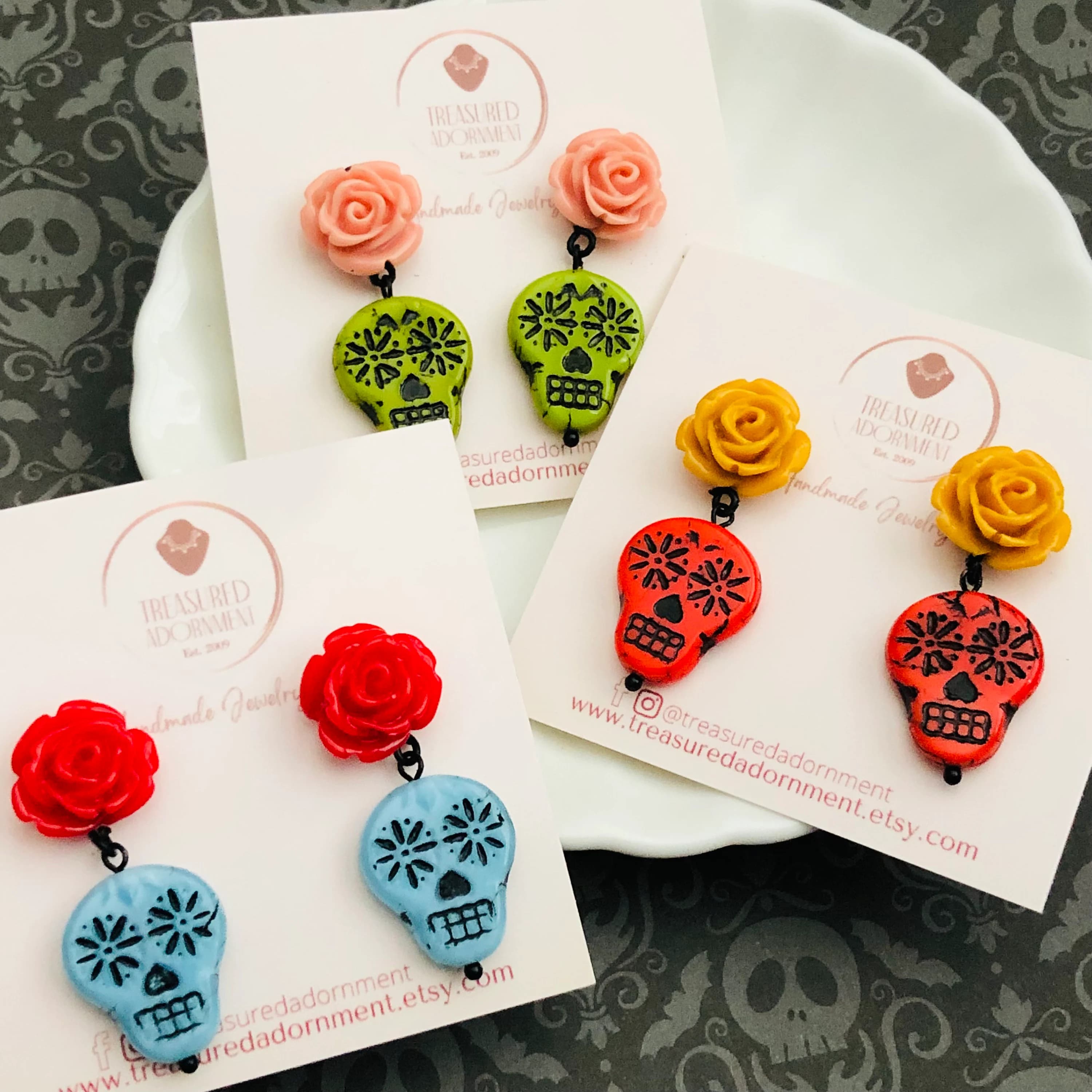 Sugar Skull Earrings with Rose, Orange Skull, Teal Rose, Stud, Czech Glass Skull Beads Earrings, Dia de Los Muertos Earrings - image 4