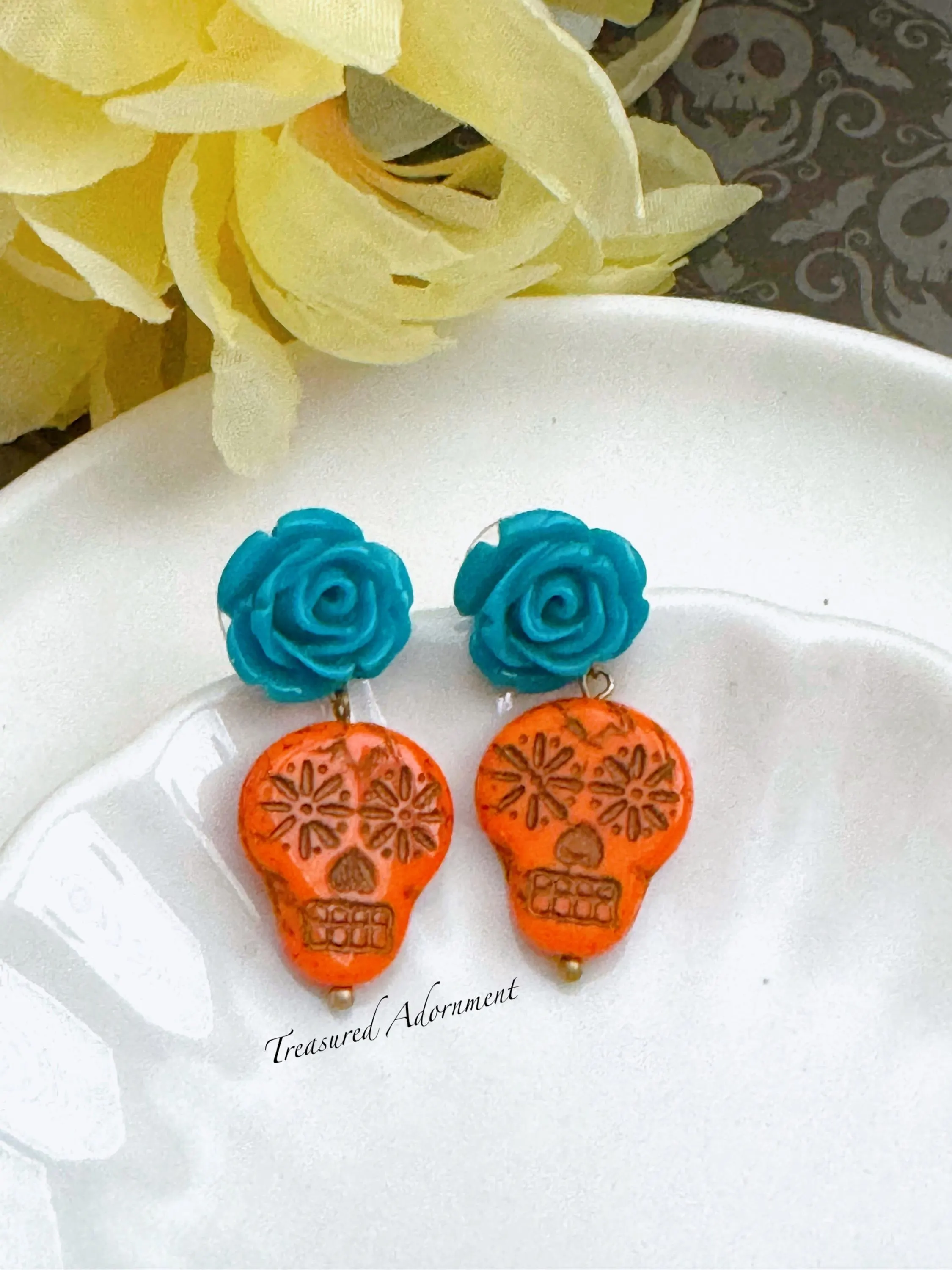 Sugar Skull Earrings with Rose, Orange Skull, Teal Rose, Stud, Czech Glass Skull Beads Earrings, Dia de Los Muertos Earrings - image 3