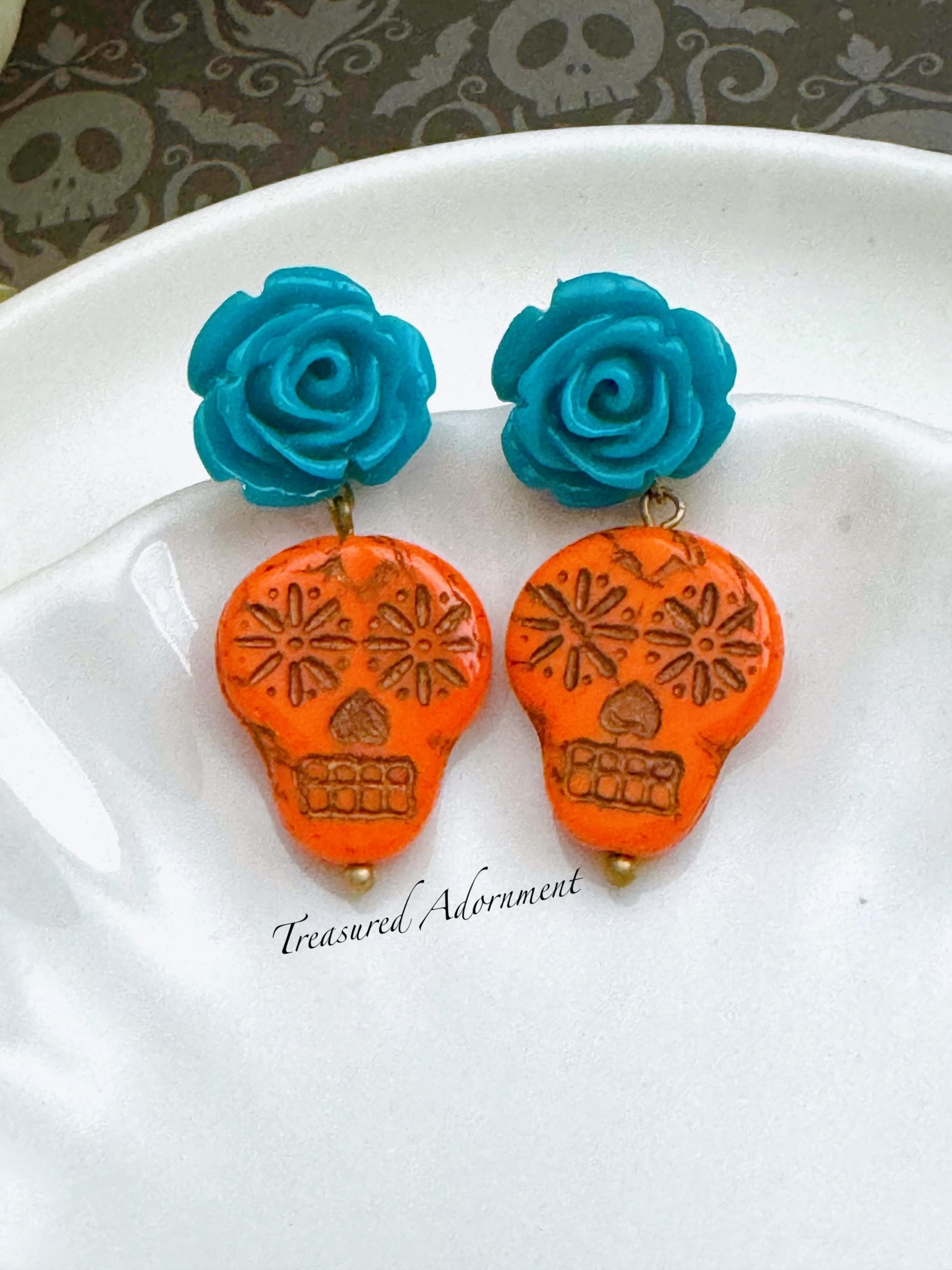 Sugar Skull Earrings with Rose, Orange Skull, Teal Rose, Stud, Czech Glass Skull Beads Earrings, Dia de Los Muertos Earrings - image 5