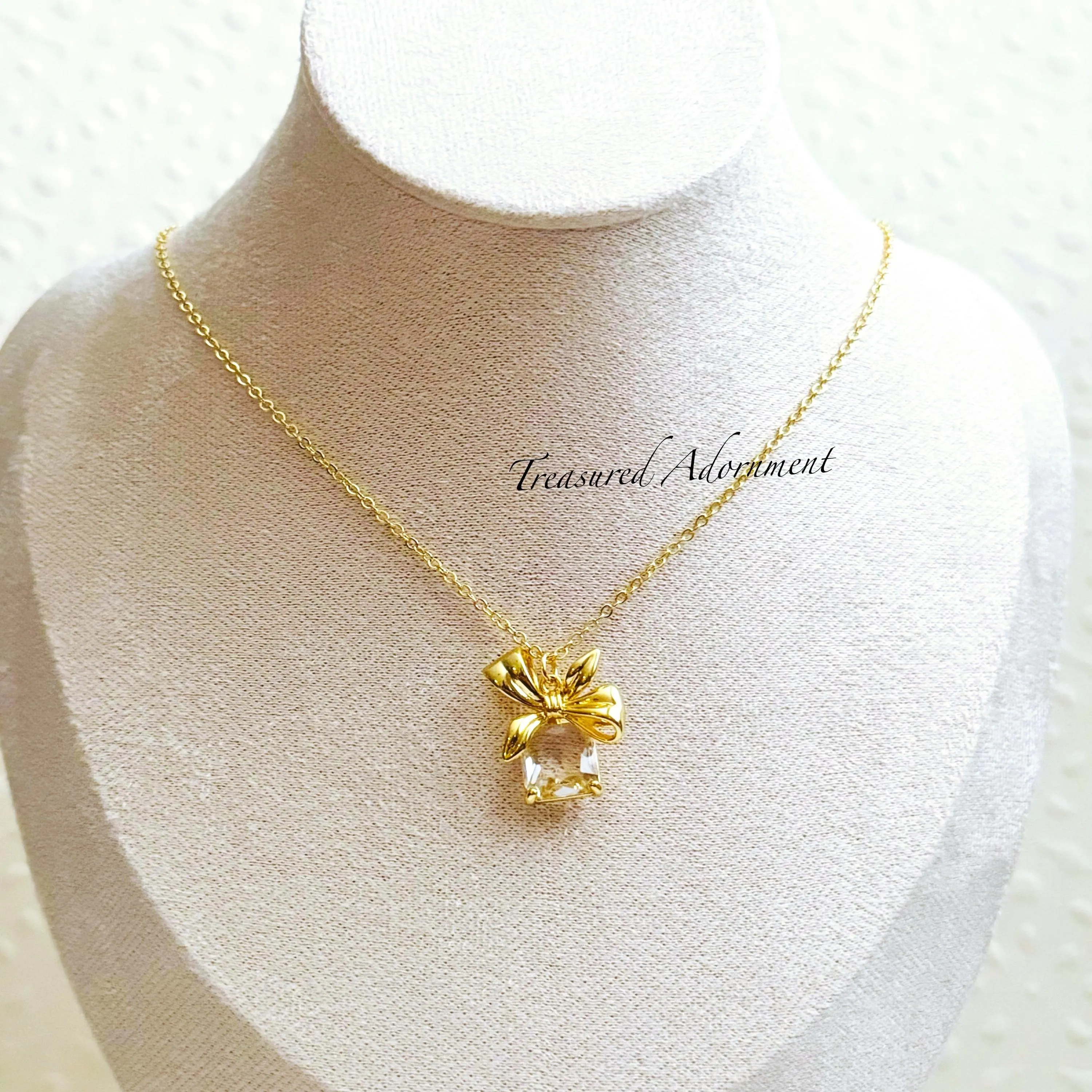 Cubic Zirconia Pendant, Bow Pendant, Clear CZ, Clear Cubic Zirconia, 18K Gold plated Necklace, Rectangle CZ, Ramadan Gift Eid gift - image 5