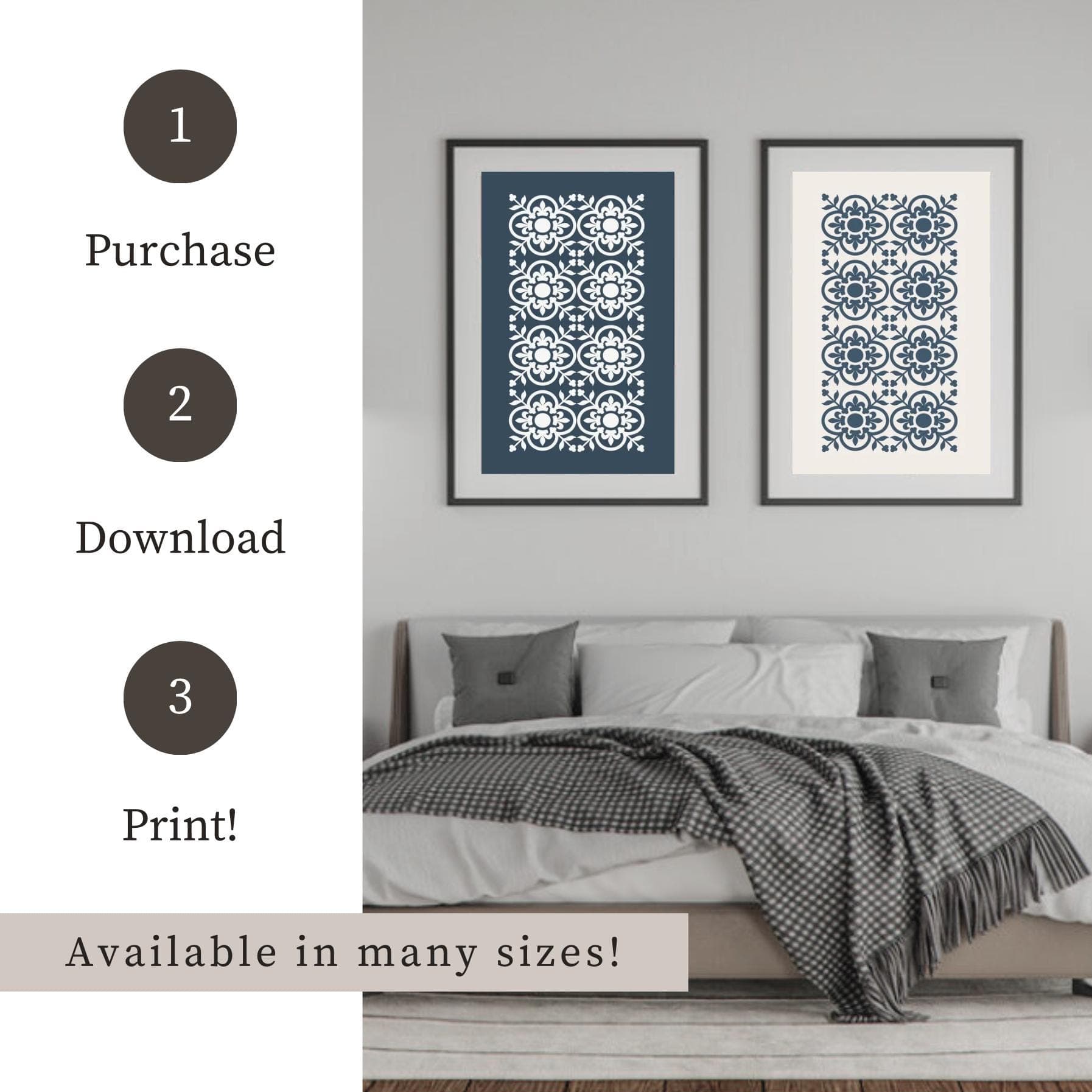 Blue Moroccan Pattern Prints: Boho Minimal Wall Art (Set of 2) (Digital Download) - image 3