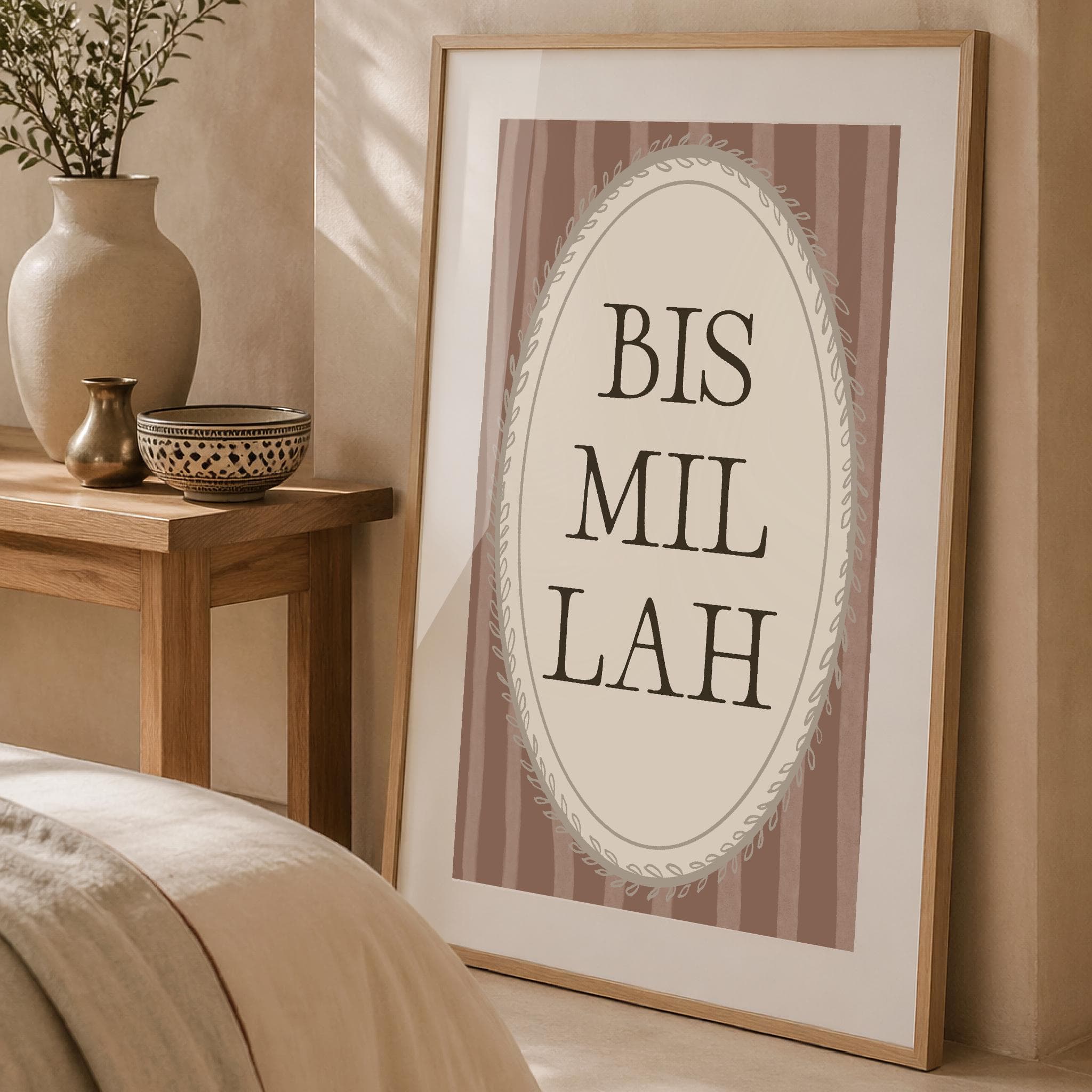 Retro Pink Bismillah print, Islamic home decor, digital download poster