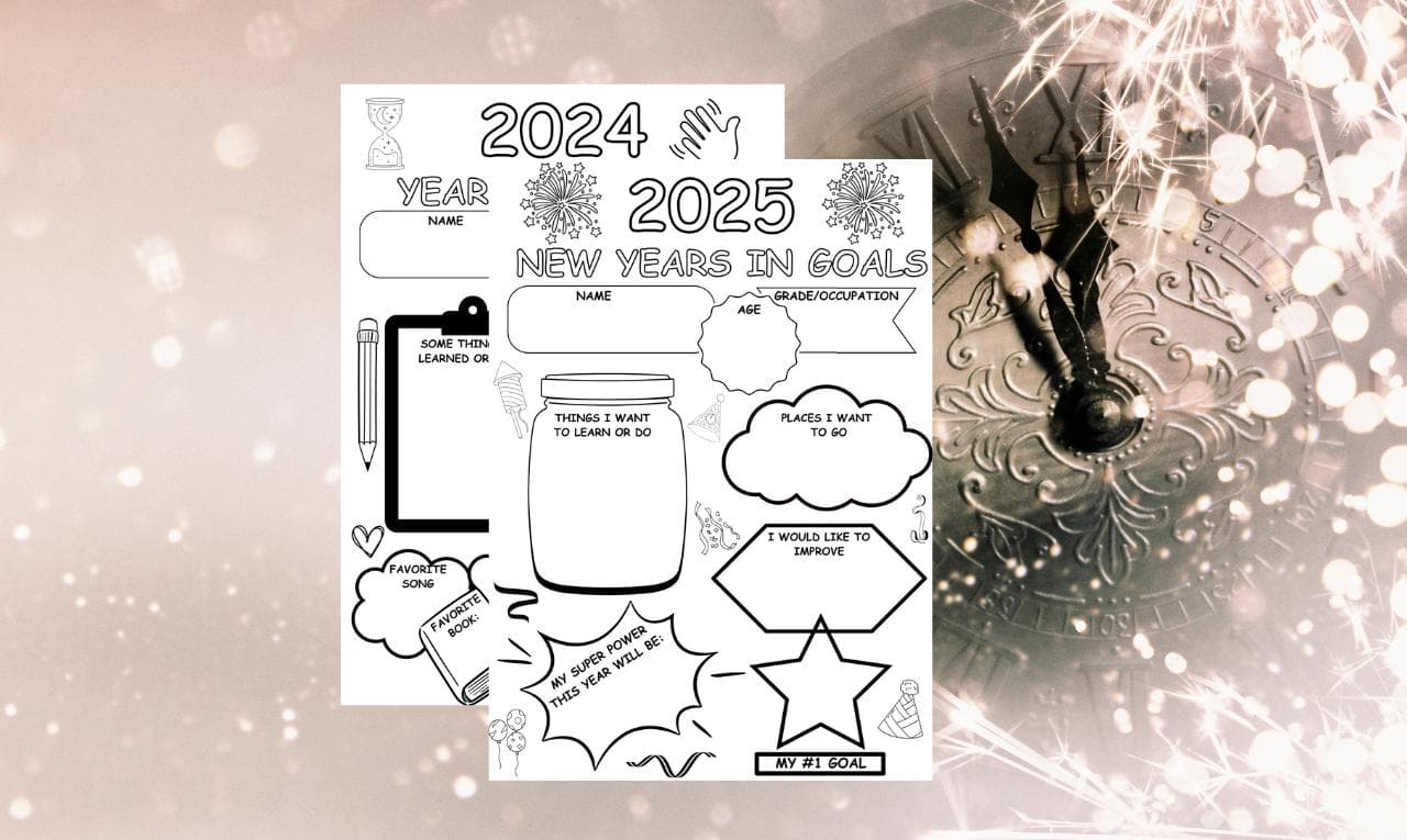 2025 Kids New Years Goals, Kids Year in Review, Kids New Year's Resolution Printable, New Year Activity for Kids New Year Kids Coloring Page