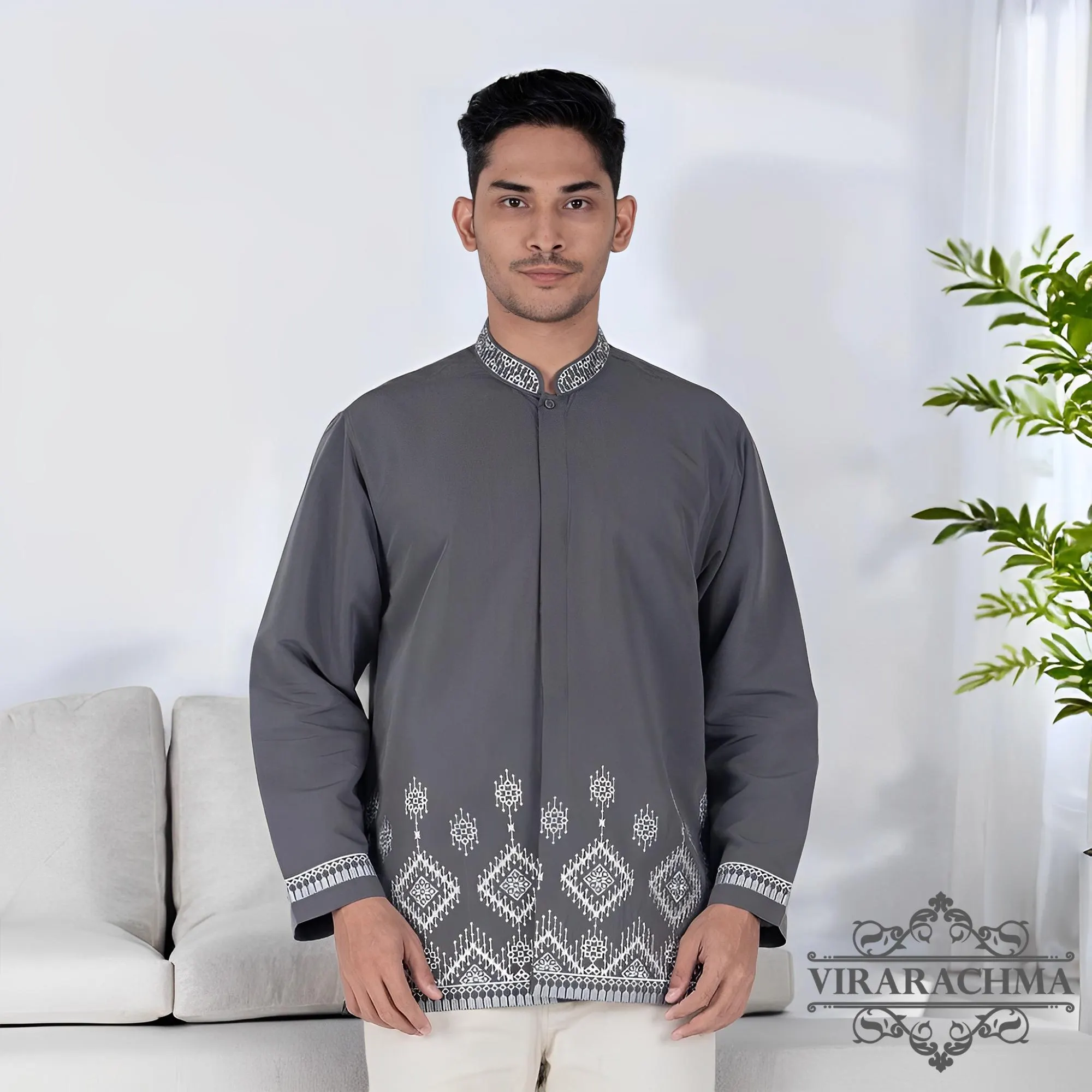 Taqwa – Men's Grey Long Sleeve Embroidered Koko, Looks Charming, Cotton Koko Shirt, Muslim Men's Wear, Islamic Clothing