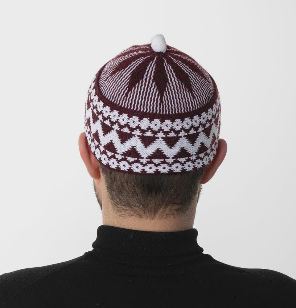 Zigzag Haji Wool Men Cap Beanie Islamic Prayer Hat Topi Kufi with White Ball
