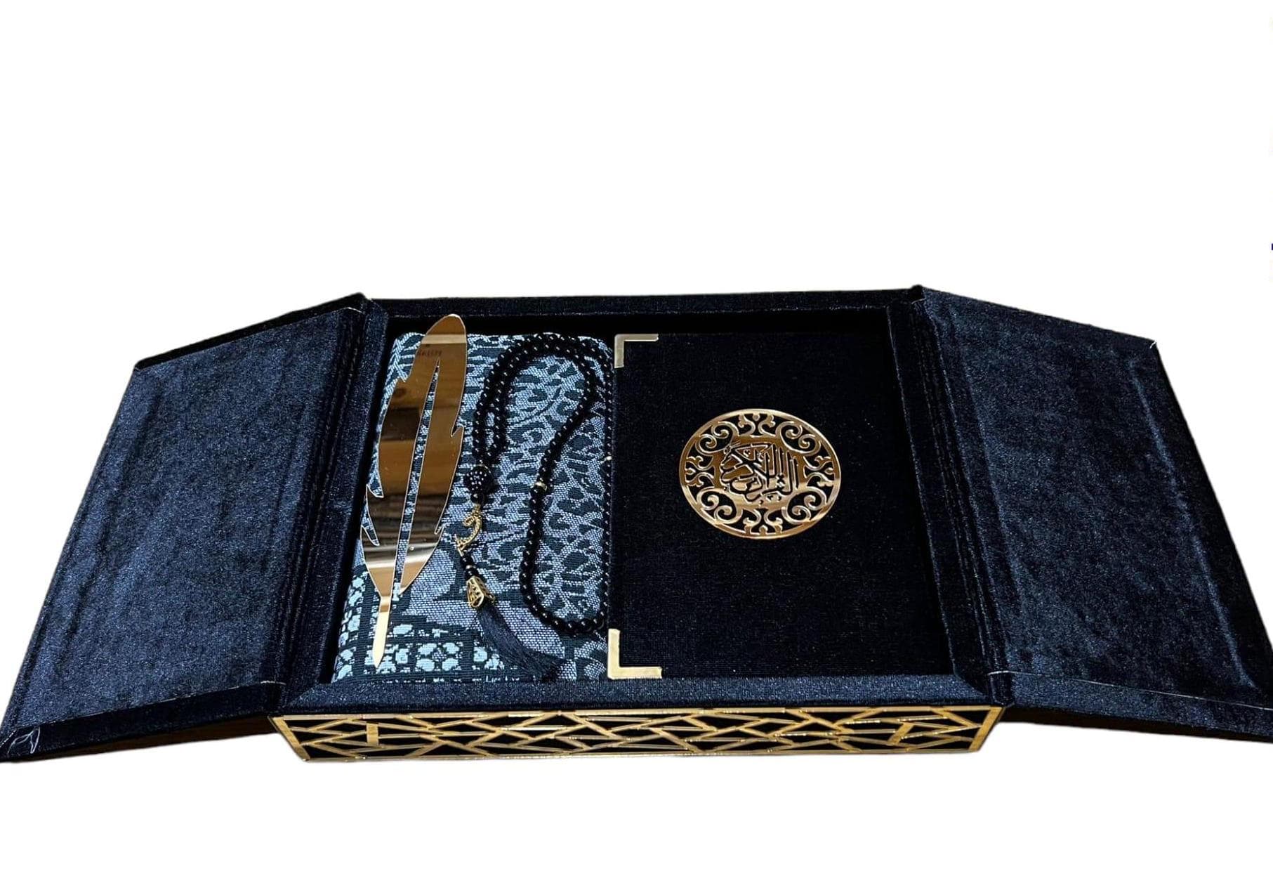 Eid Gift L Box Velvet, Full Quran, Tasbeeh, Thin Prayer Mat, Book Mark Decoration