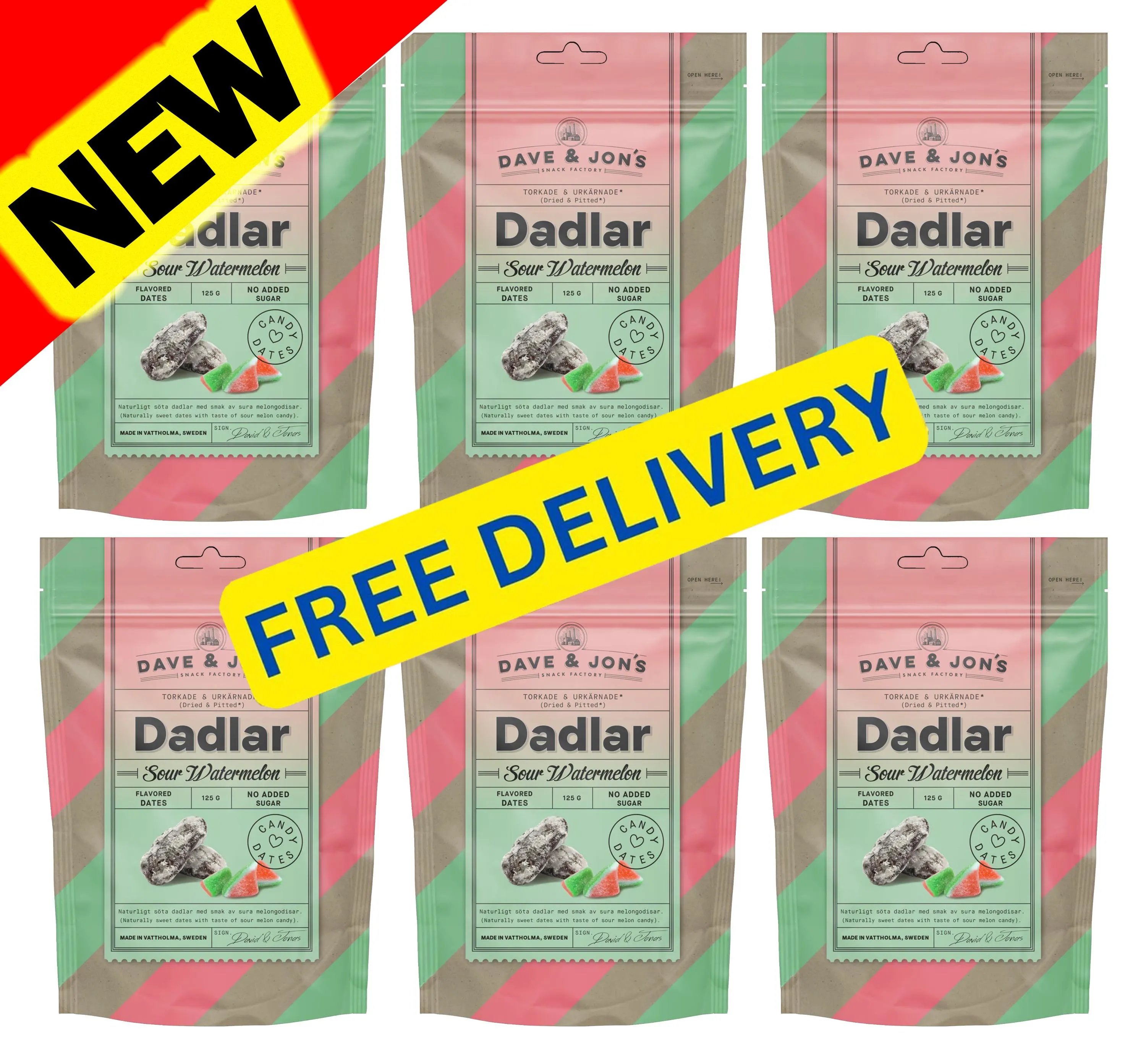 NEW 6 or 12 Dave & Jons Dates Sour Watermelon Healty Snack Swedish Vegan Candy  Dave and Jons Dadlar swedish candy fika sour candy 125 grams