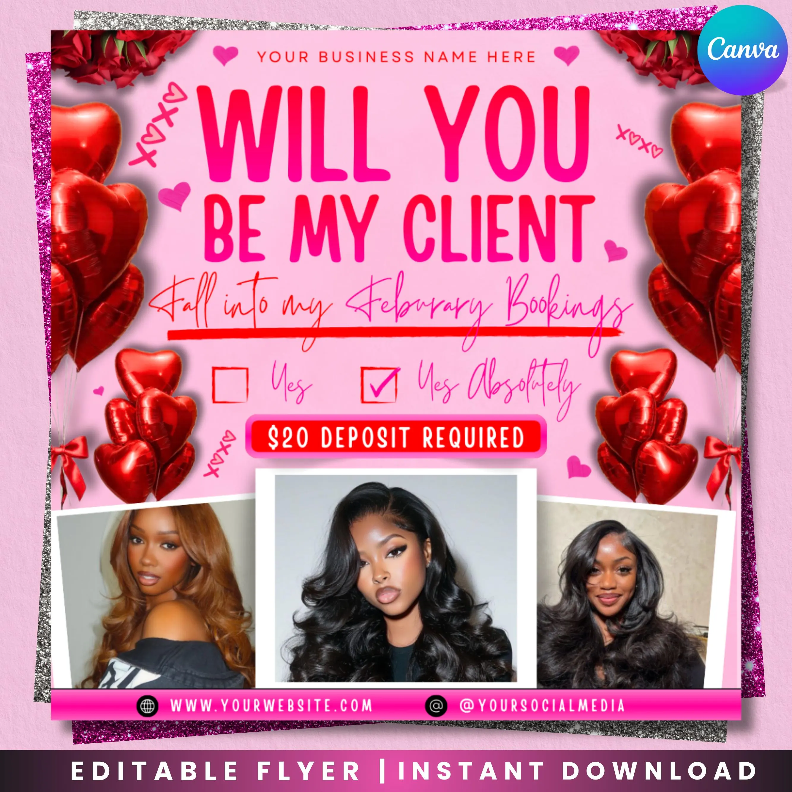February Booking Flyer, Valentines Day Booking Flyer, Makeup, Hair flyer, Lashes, Wax, Nails, Valentine Deals Flyer, DIY, Canva Editable
