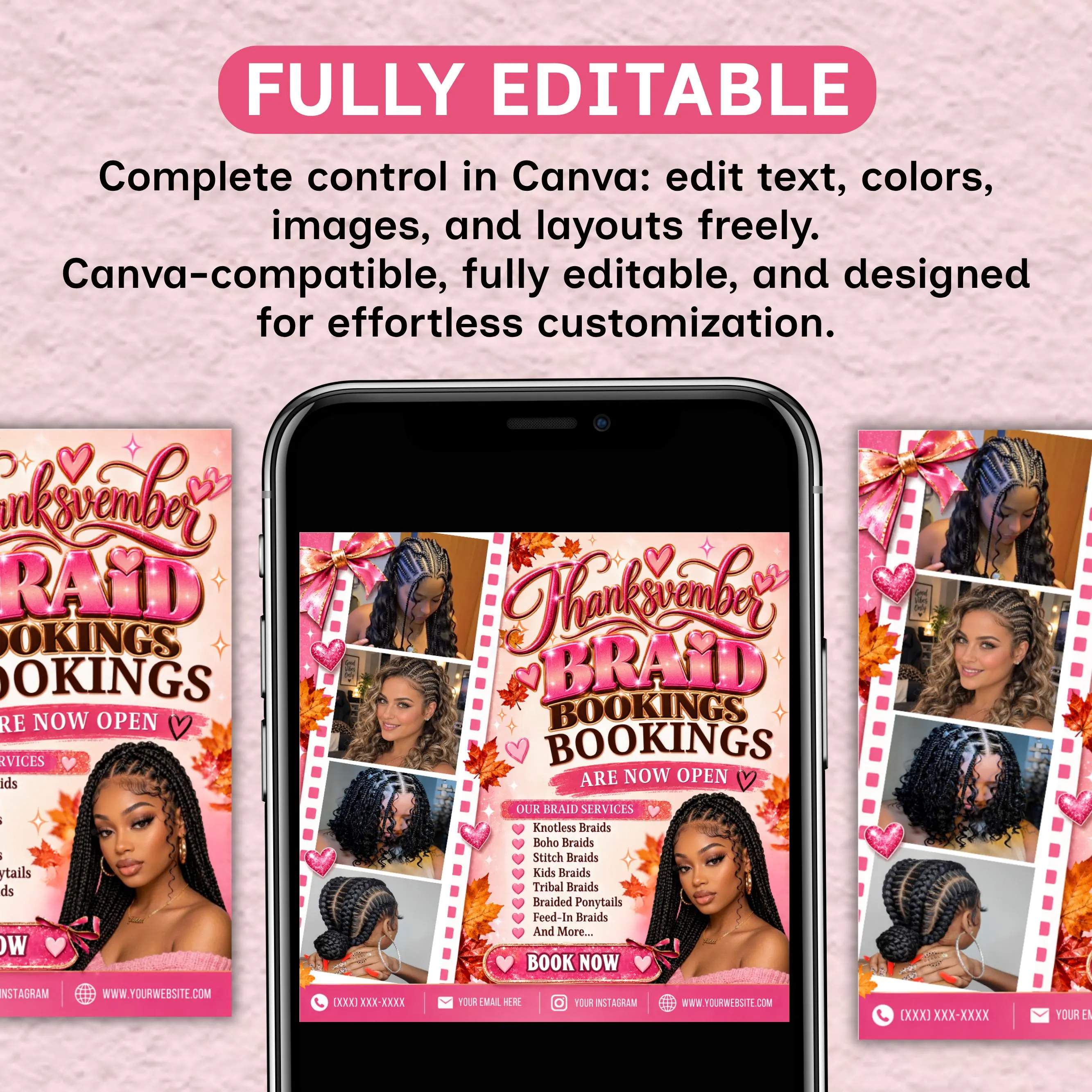 Thanksvember Braid Booking Flyer, November Braiding Flyer, Fall Hair Stylist Booking, Pink Beauty Salon Flyer, Editable Canva Template