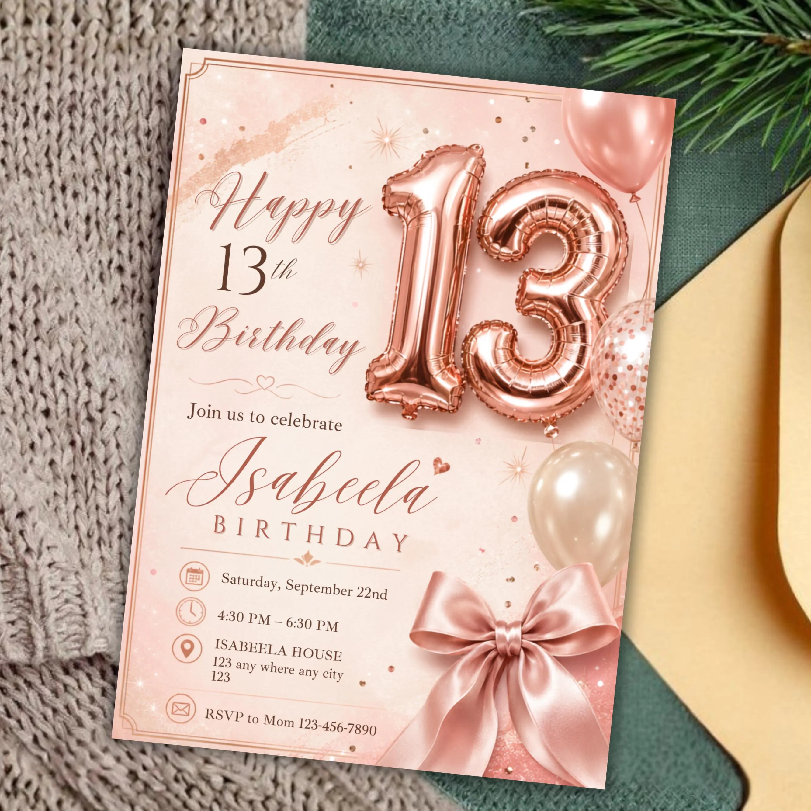13th Birthday Invitation Girl, Rose Gold Balloon Party Invite, Pink Bow Teen Birthday, Editable Canva Template, Printable Instant Download
