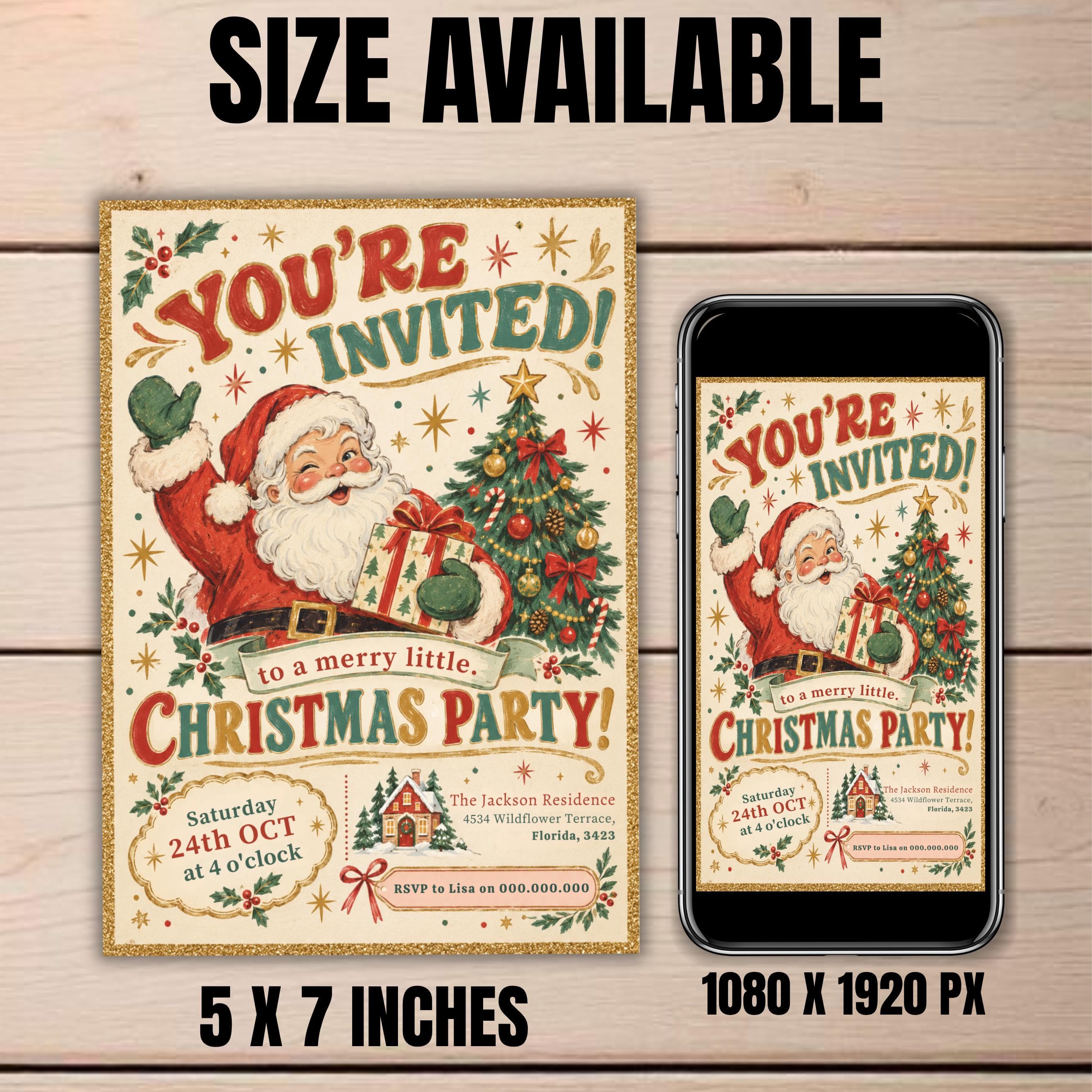 Vintage Santa Christmas Party Invitation Template, Editable Canva Holiday Party Invite, Retro Christmas Invitation, Printable Digital Download