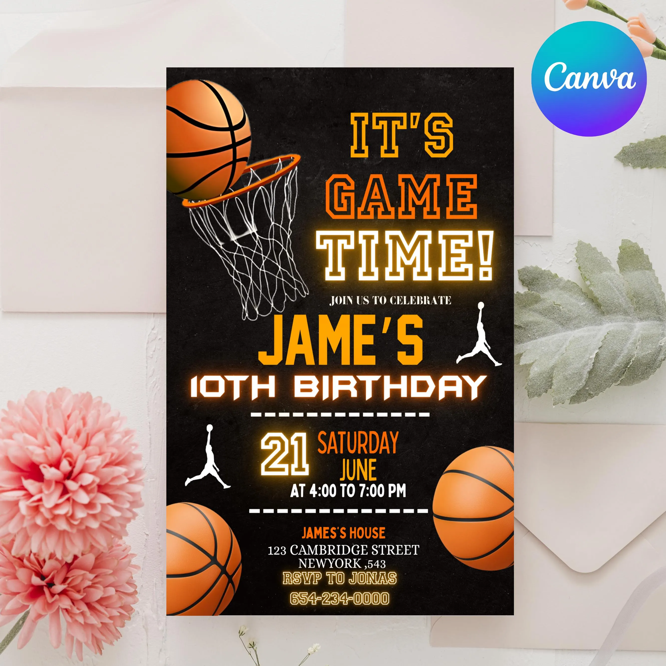 Basketball birthday Invitation, birthday invitation, Boys Girls Basketball Invite, sport birthday invite, Basketball Invite, Canva Editable