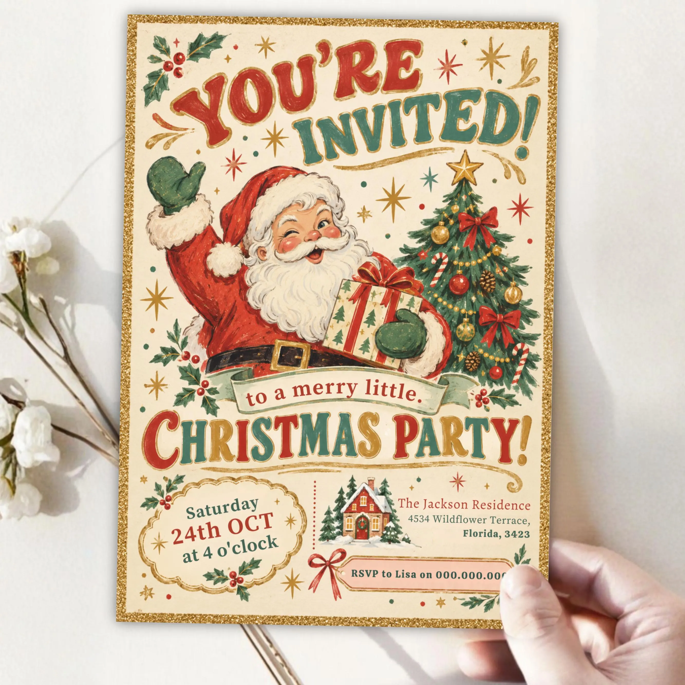 Vintage Santa Christmas Party Invitation Template, Editable Canva Holiday Party Invite, Retro Christmas Invitation, Printable Digital Download