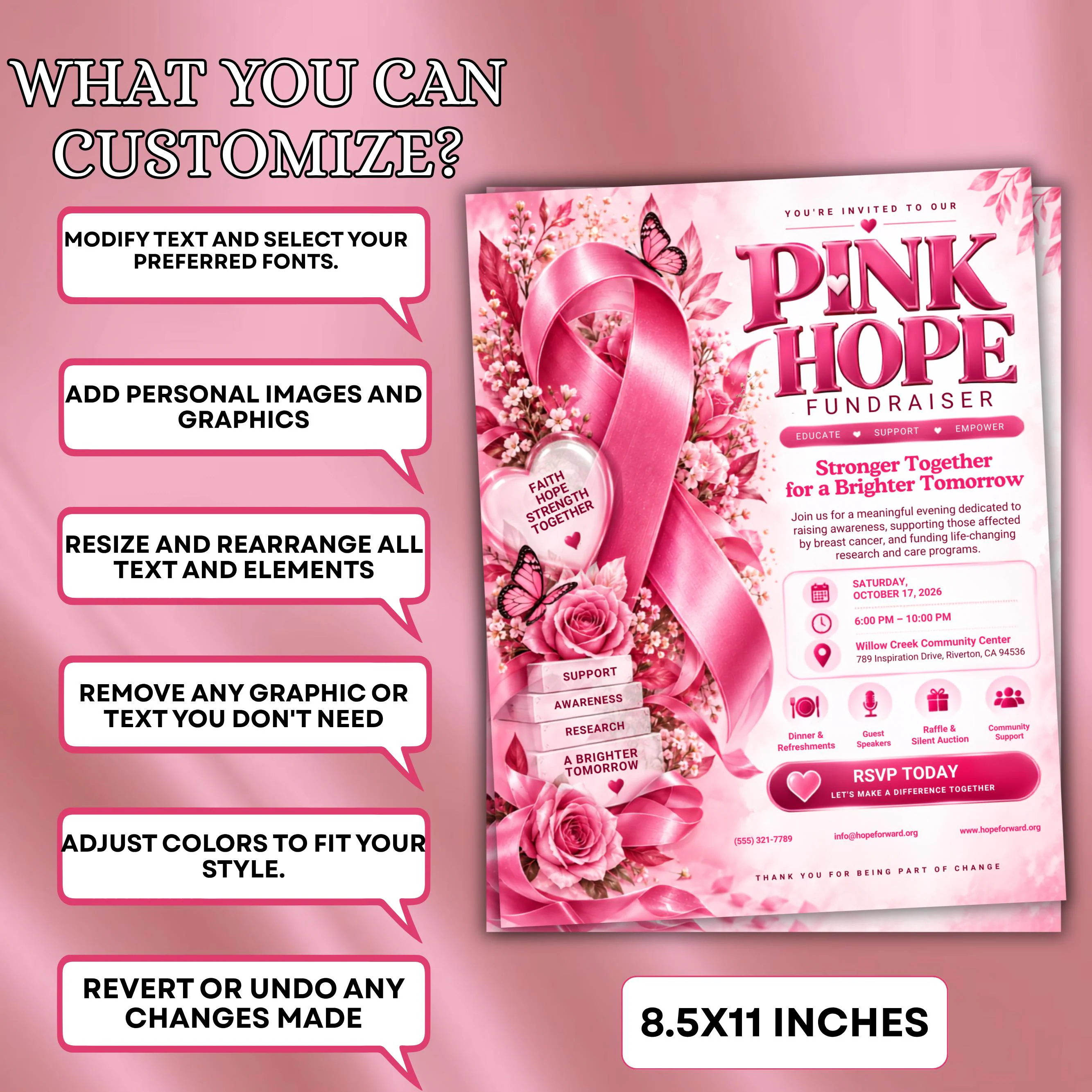 Pink Hope Fundraiser Flyer, Breast Cancer Awareness Event Template, Editable Canva Flyer, Charity Fundraiser Invitation, Instant Download