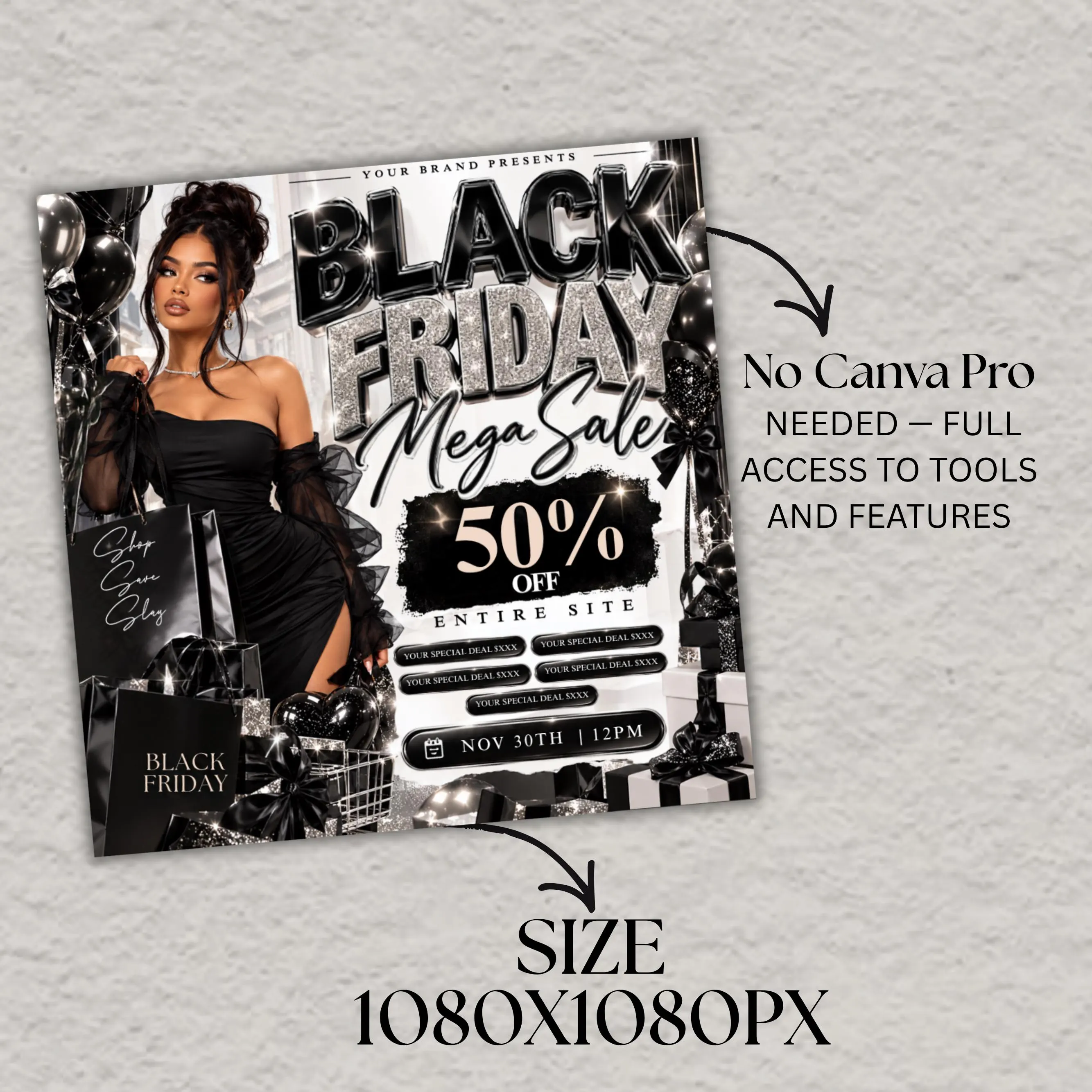 Black Friday Sale Flyer, Editable Canva Template, Black Silver Boutique Promo, Beauty Business Sale Flyer, Social Media Instant Download