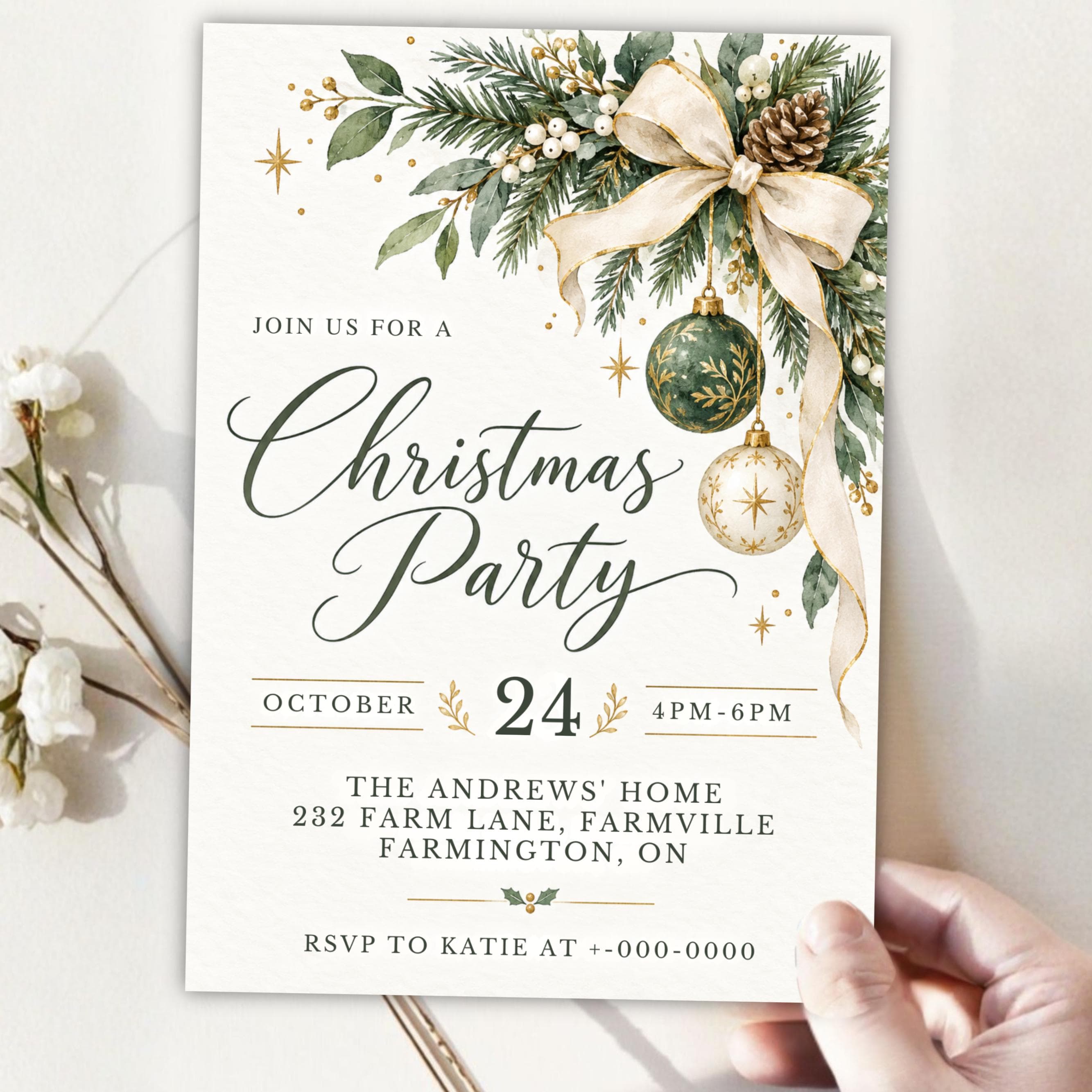 Christmas Party Invitation, Editable Canva Template, Elegant Holiday Party Invite, Green Gold Christmas Invitation, Printable Xmas Invite