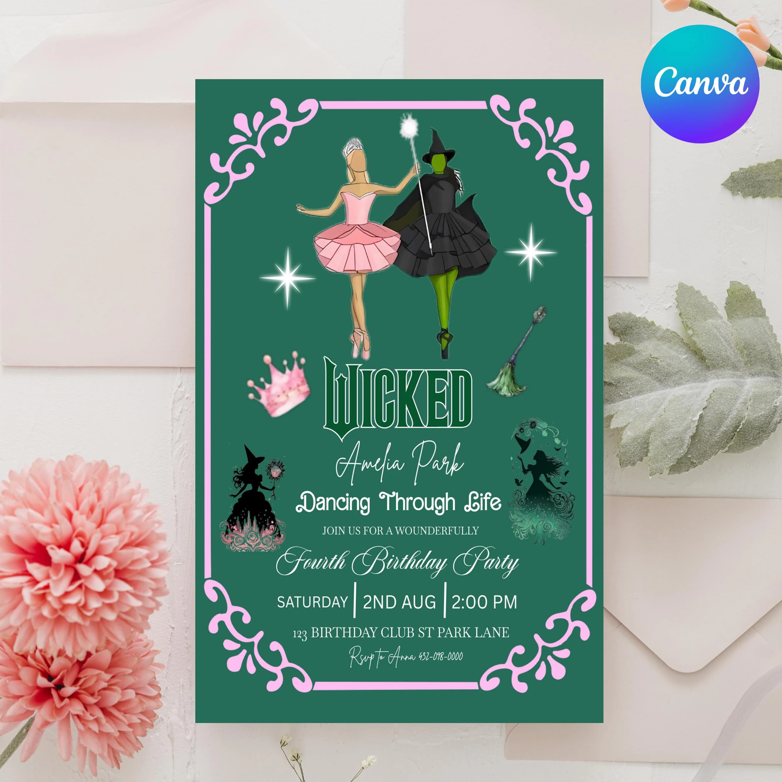 Wicked Birthday Party Invitation, Birthday Party Invitation, Broadway Party Invitation, Elphaba & Glinda Theme, Movie party, Canva Editable