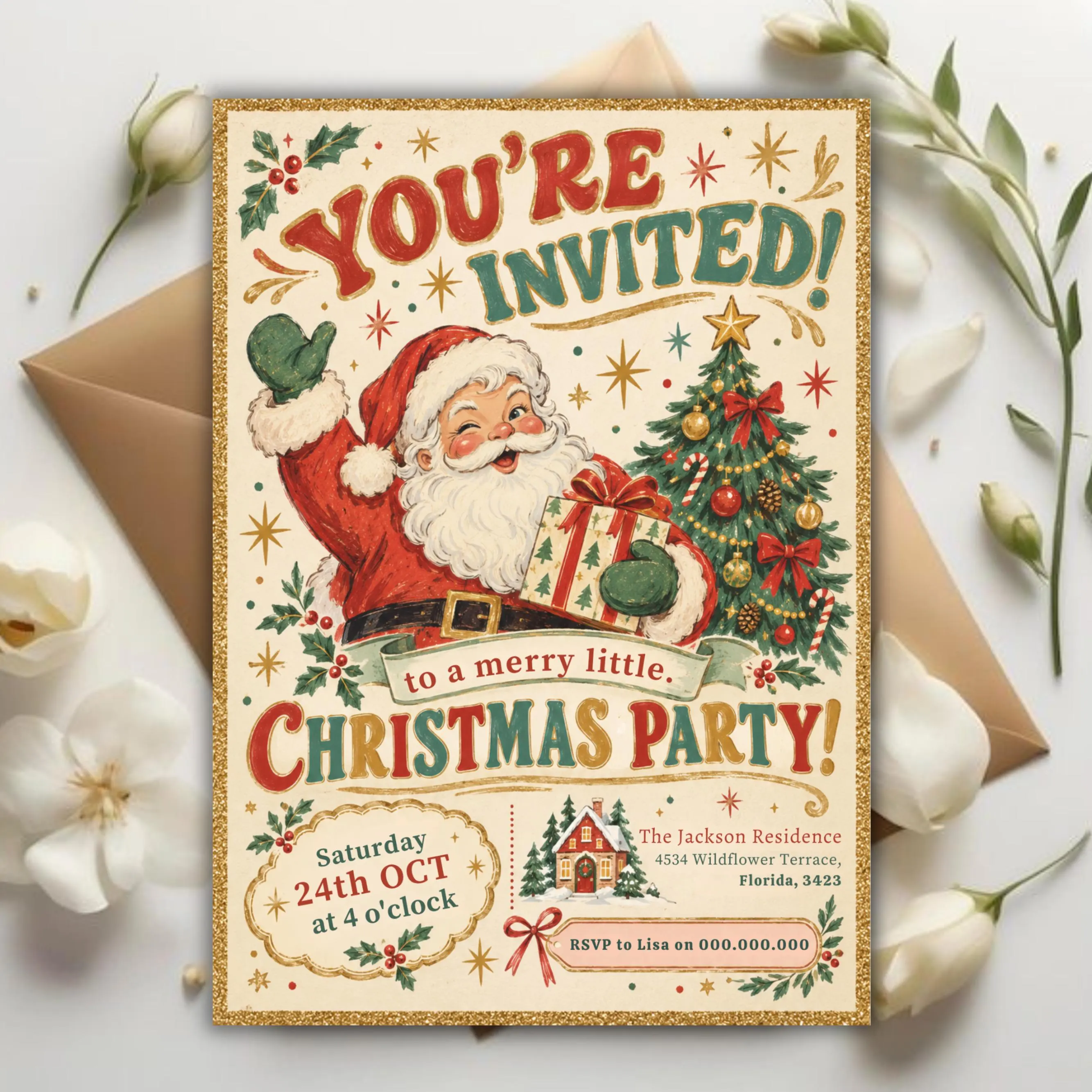 Vintage Santa Christmas Party Invitation Template, Editable Canva Holiday Party Invite, Retro Christmas Invitation, Printable Digital Download