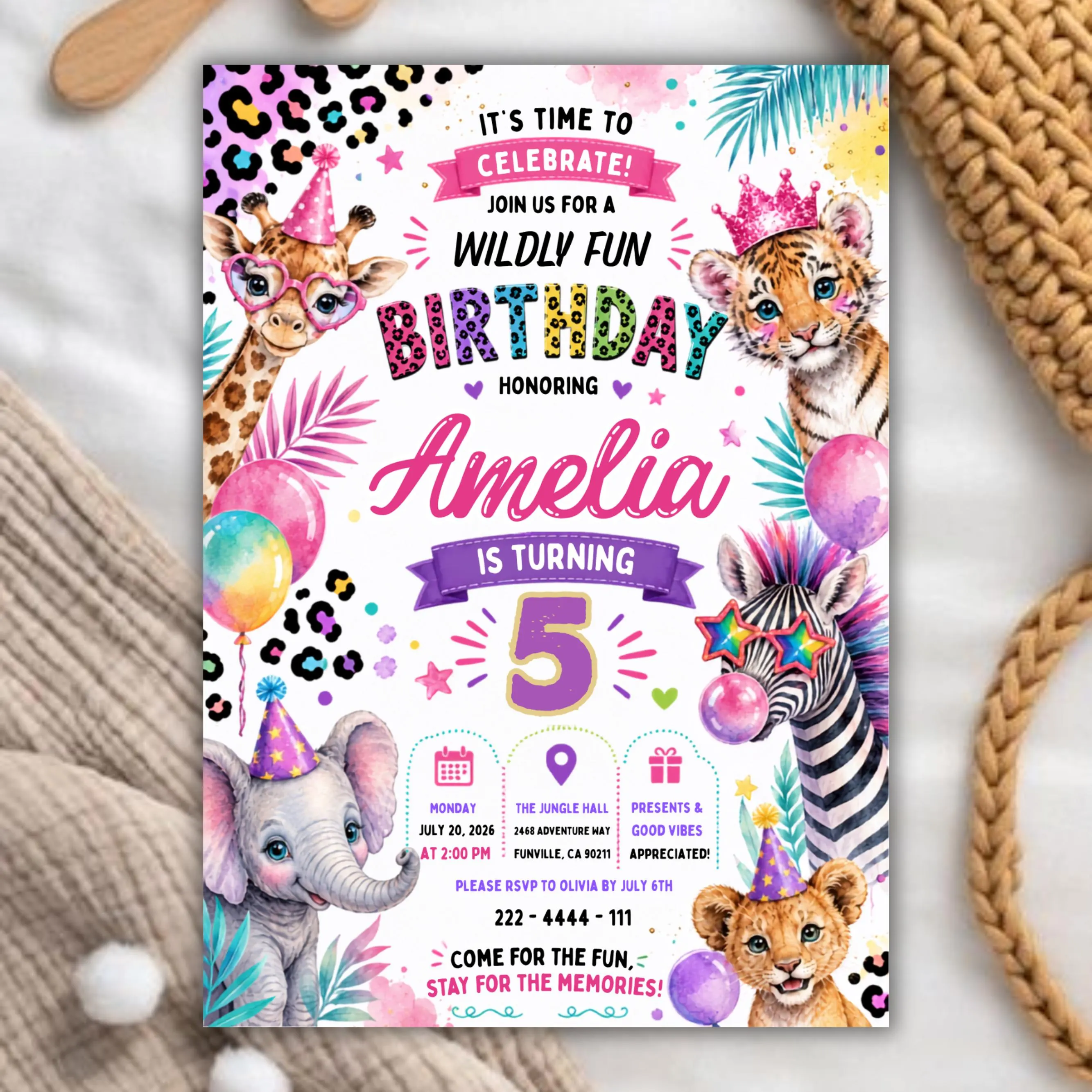 Party Animals Birthday Invitation Pastel Rainbow Cheetah Print Leopard Print Wild Safari Animals Birthday Party Invite Canva Editable