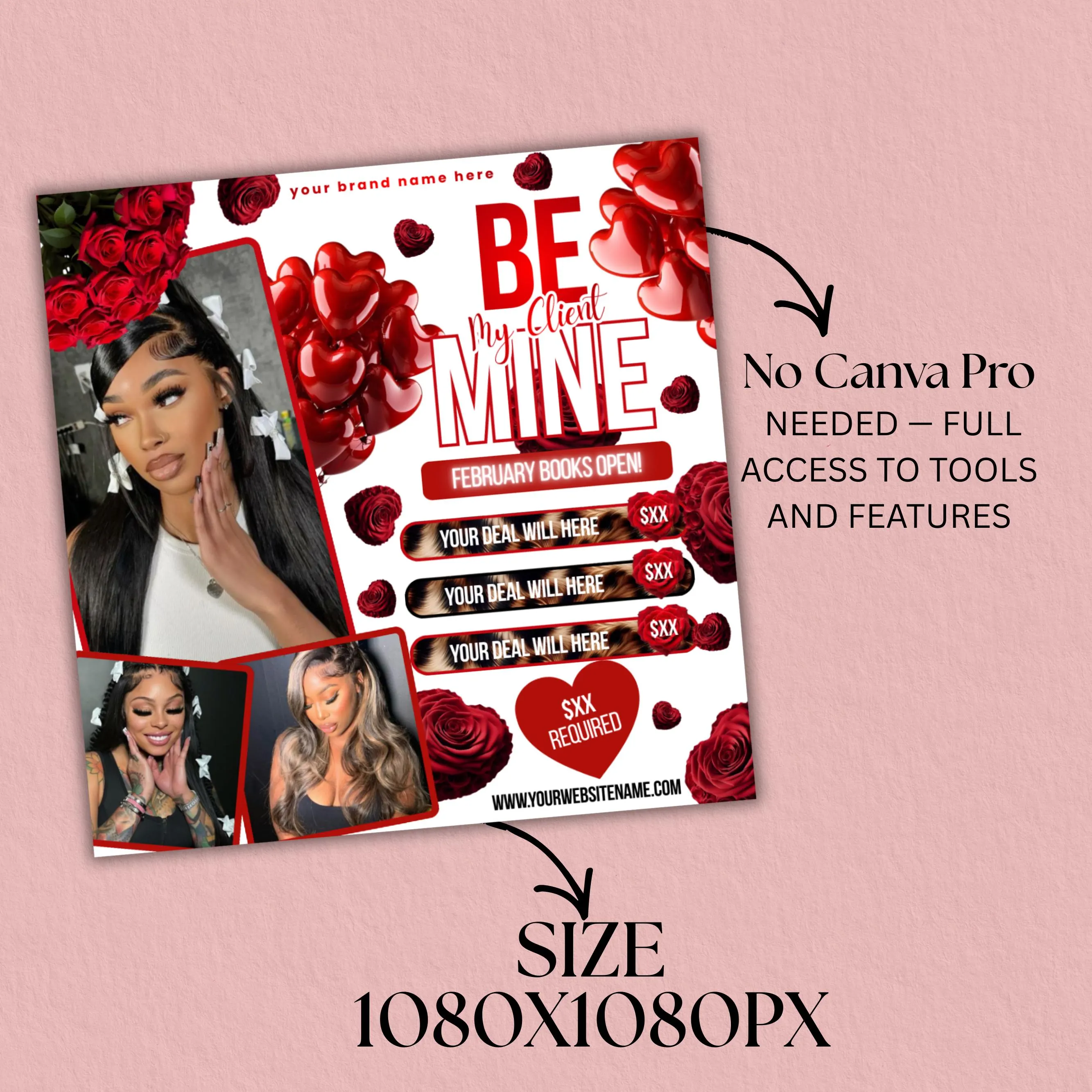 February Booking Flyer, Valentines Day Booking Flyer, February Booking, Holiday Deals Flyer, Makeup, Hair, Lashes, Nails, Canva Editable