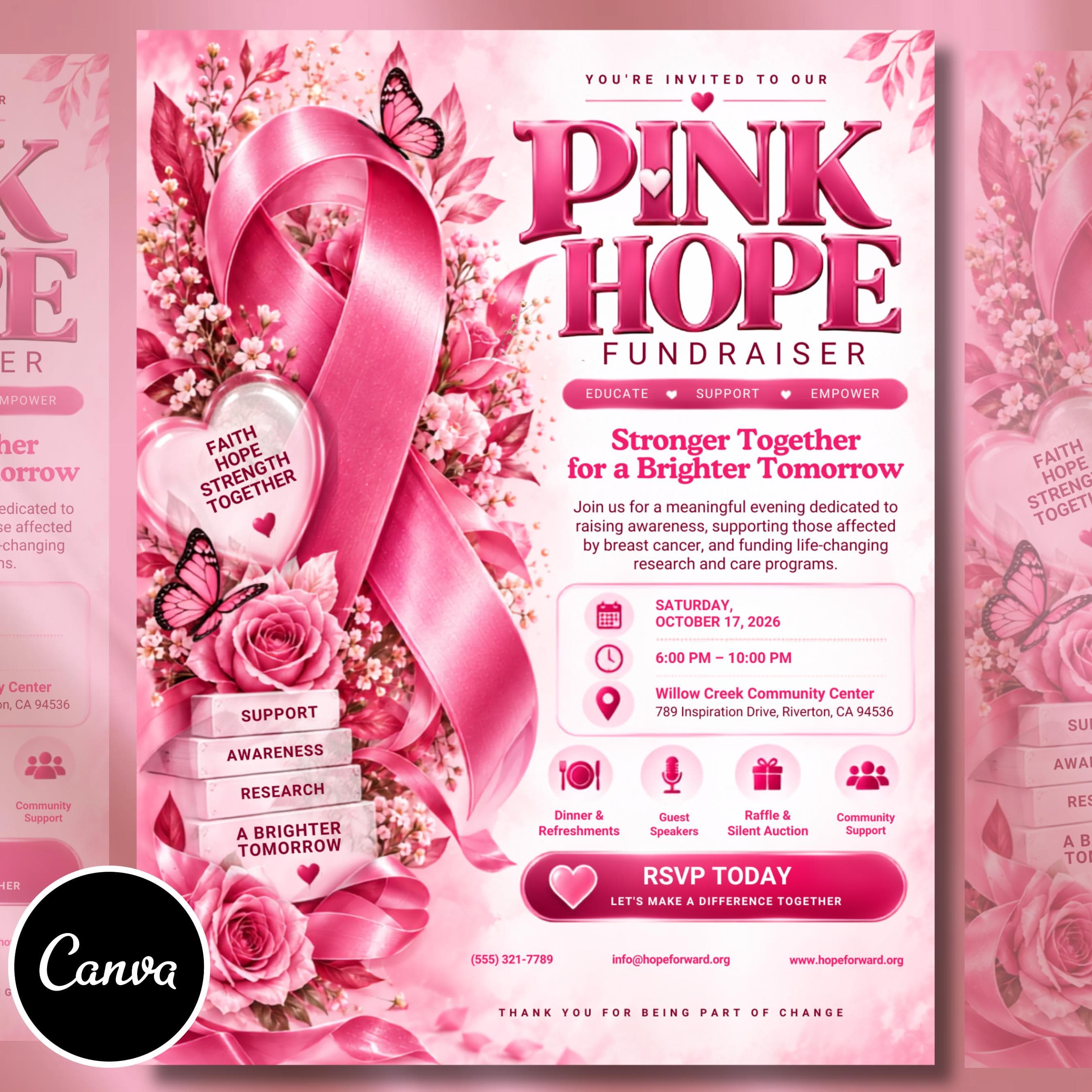 Pink Hope Fundraiser Flyer, Breast Cancer Awareness Event Template, Editable Canva Flyer, Charity Fundraiser Invitation, Instant Download