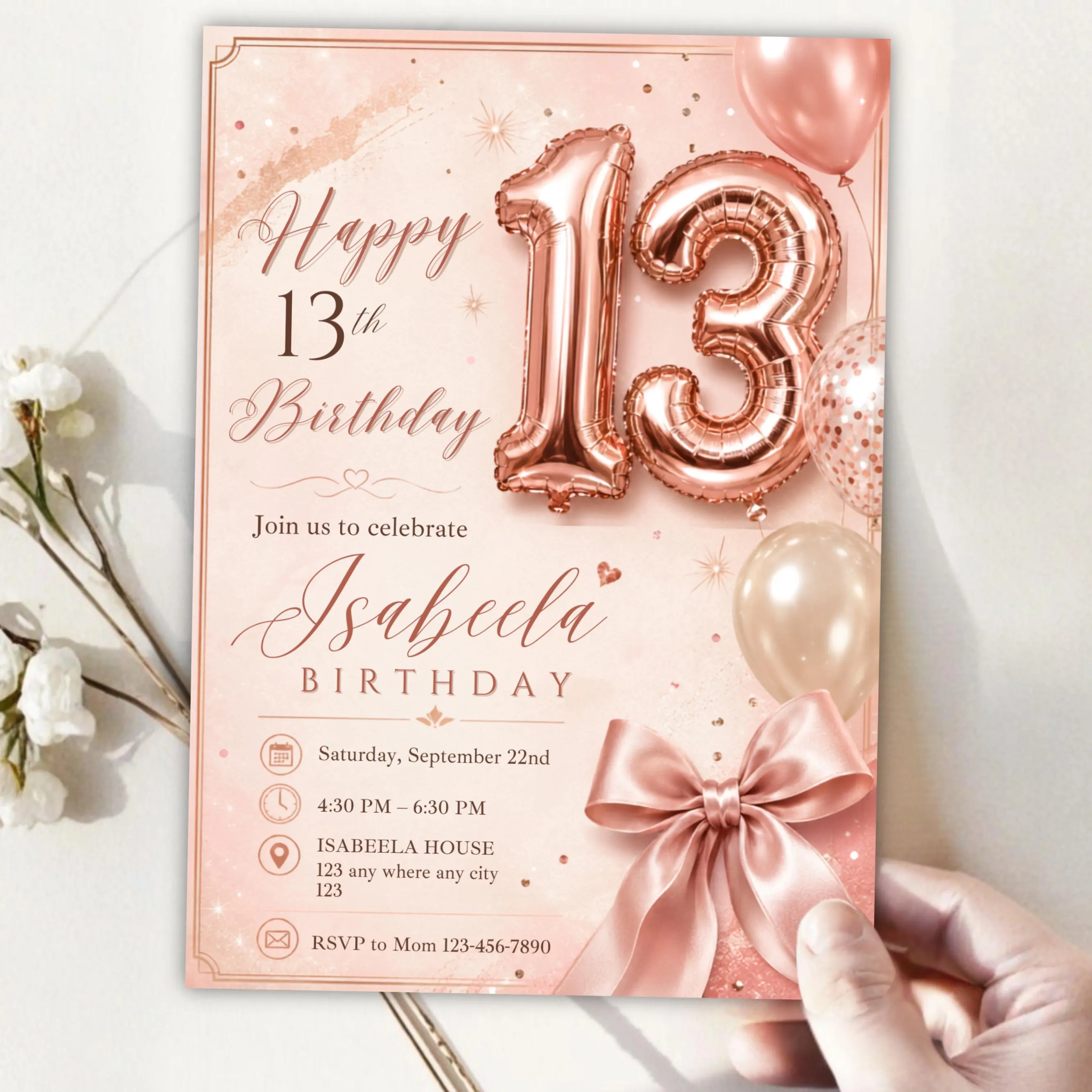 13th Birthday Invitation Girl, Rose Gold Balloon Party Invite, Pink Bow Teen Birthday, Editable Canva Template, Printable Instant Download