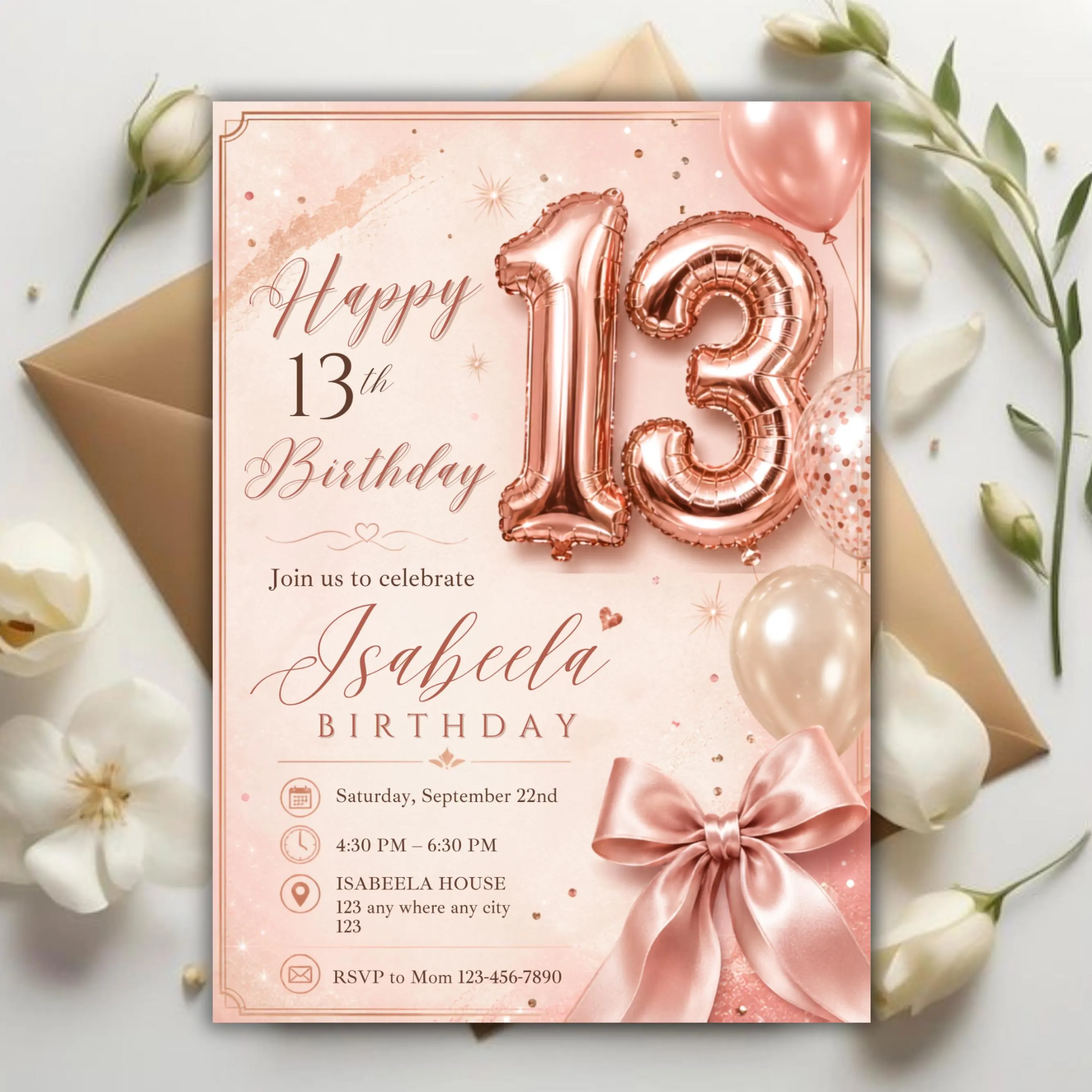 13th Birthday Invitation Girl, Rose Gold Balloon Party Invite, Pink Bow Teen Birthday, Editable Canva Template, Printable Instant Download