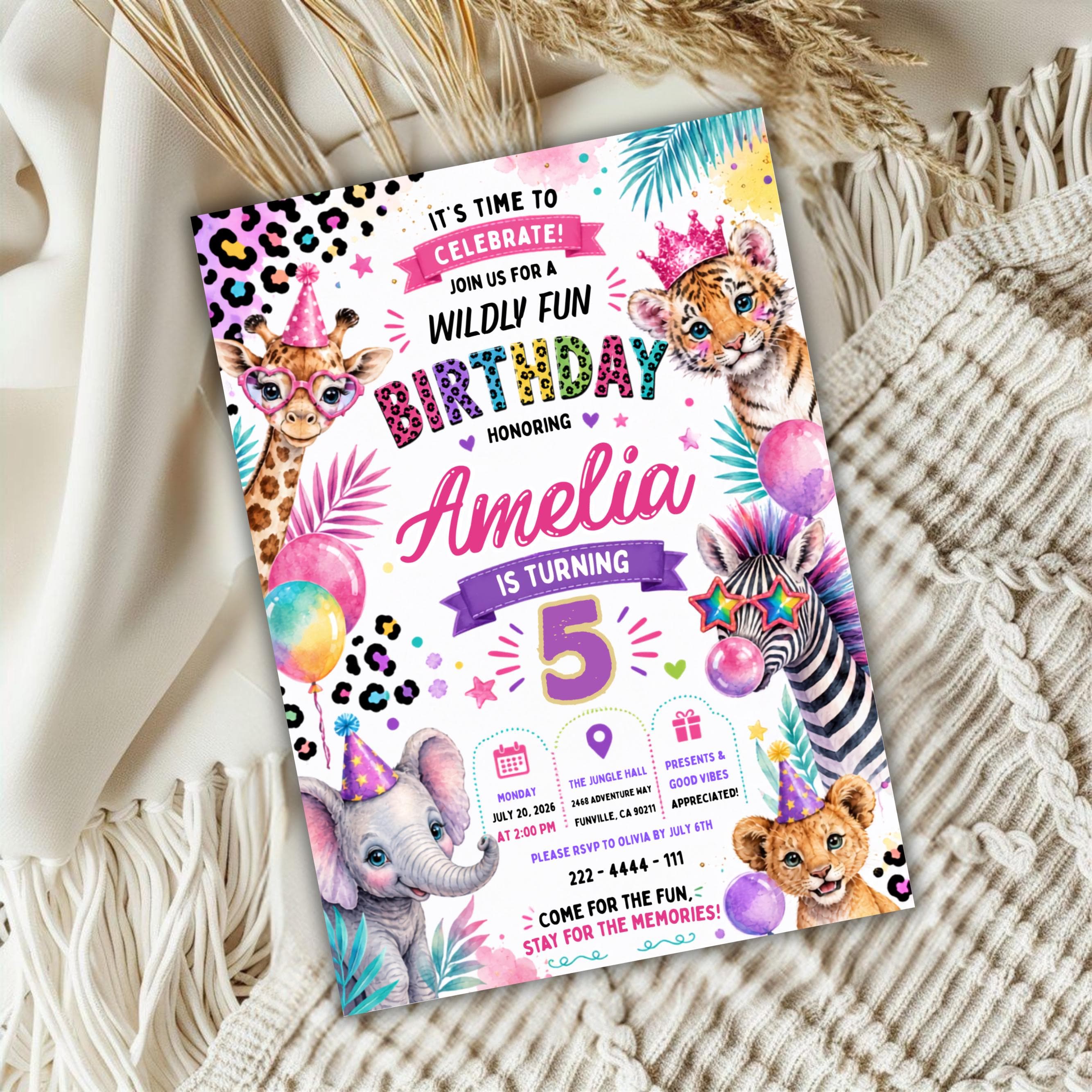 Party Animals Birthday Invitation Pastel Rainbow Cheetah Print Leopard Print Wild Safari Animals Birthday Party Invite Canva Editable