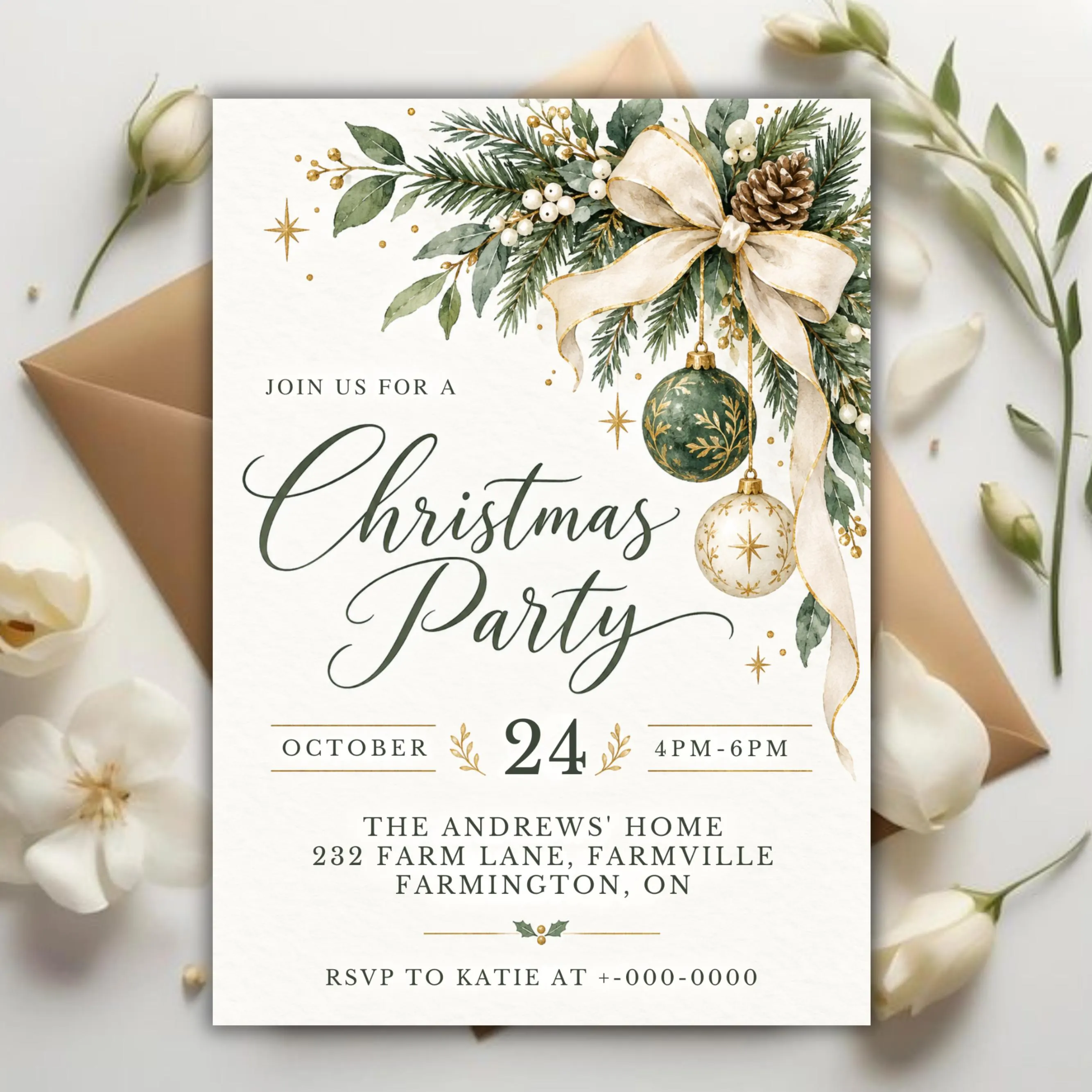 Christmas Party Invitation, Editable Canva Template, Elegant Holiday Party Invite, Green Gold Christmas Invitation, Printable Xmas Invite