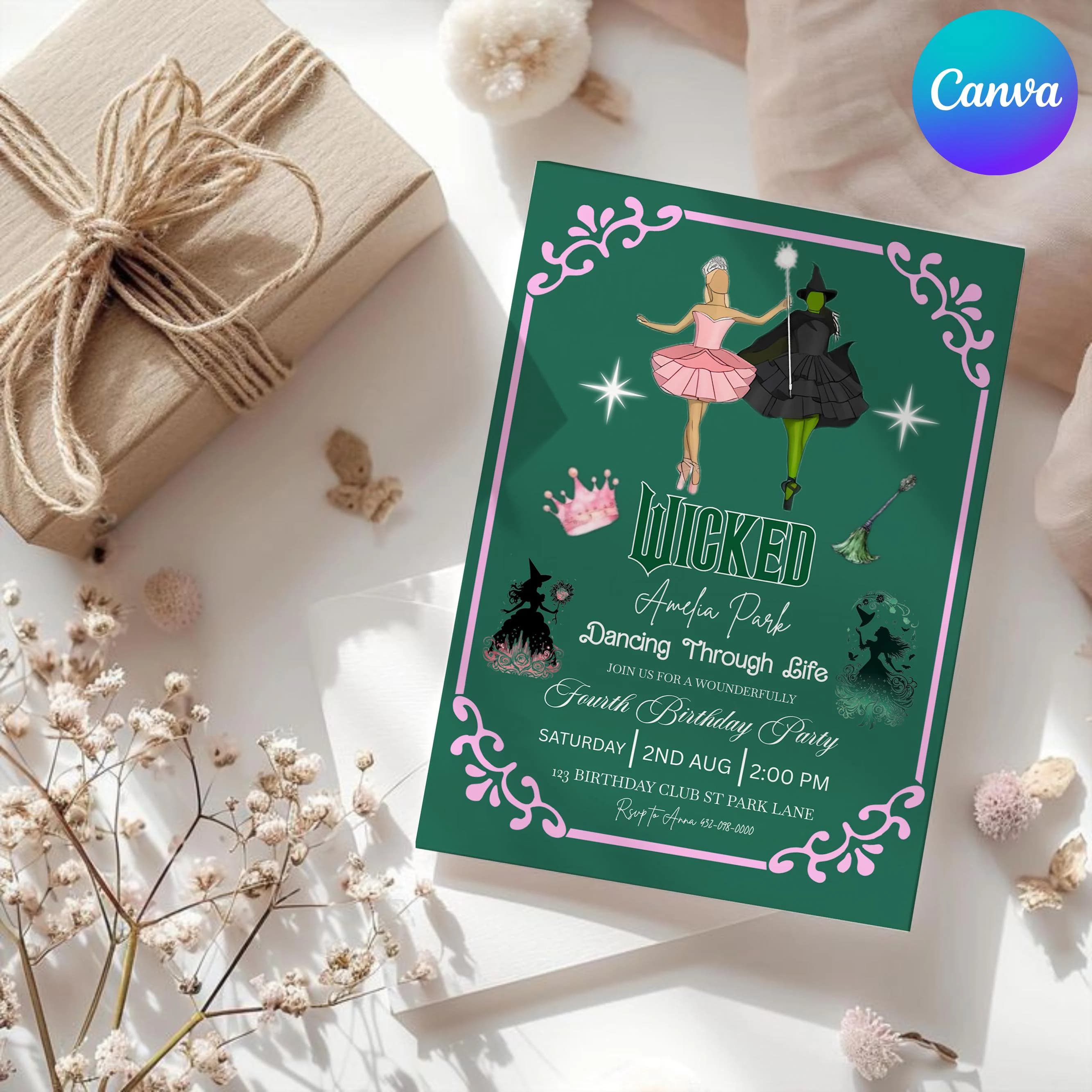 Wicked Birthday Party Invitation, Birthday Party Invitation, Broadway Party Invitation, Elphaba & Glinda Theme, Movie party, Canva Editable - image 3