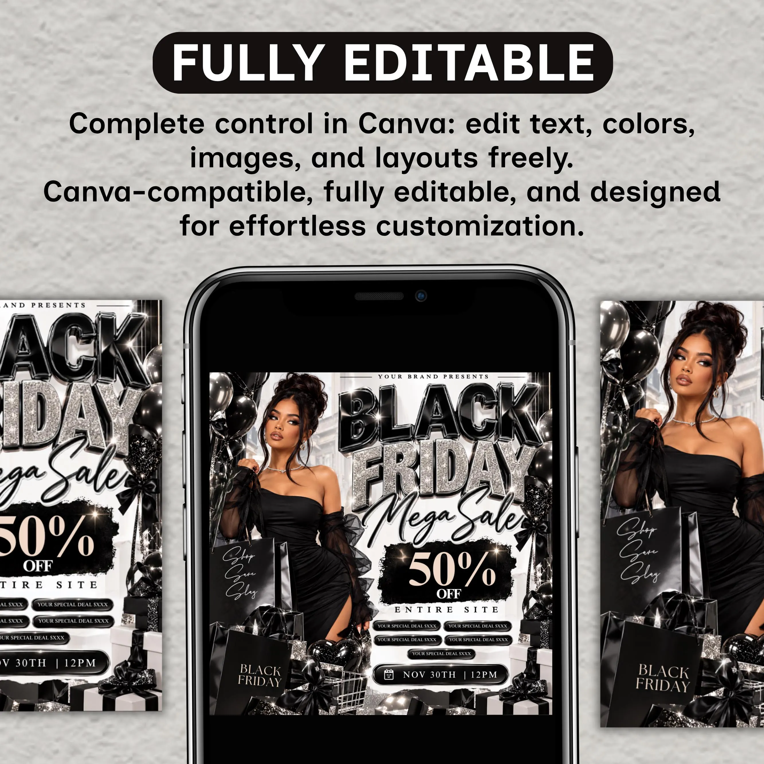 Black Friday Sale Flyer, Editable Canva Template, Black Silver Boutique Promo, Beauty Business Sale Flyer, Social Media Instant Download
