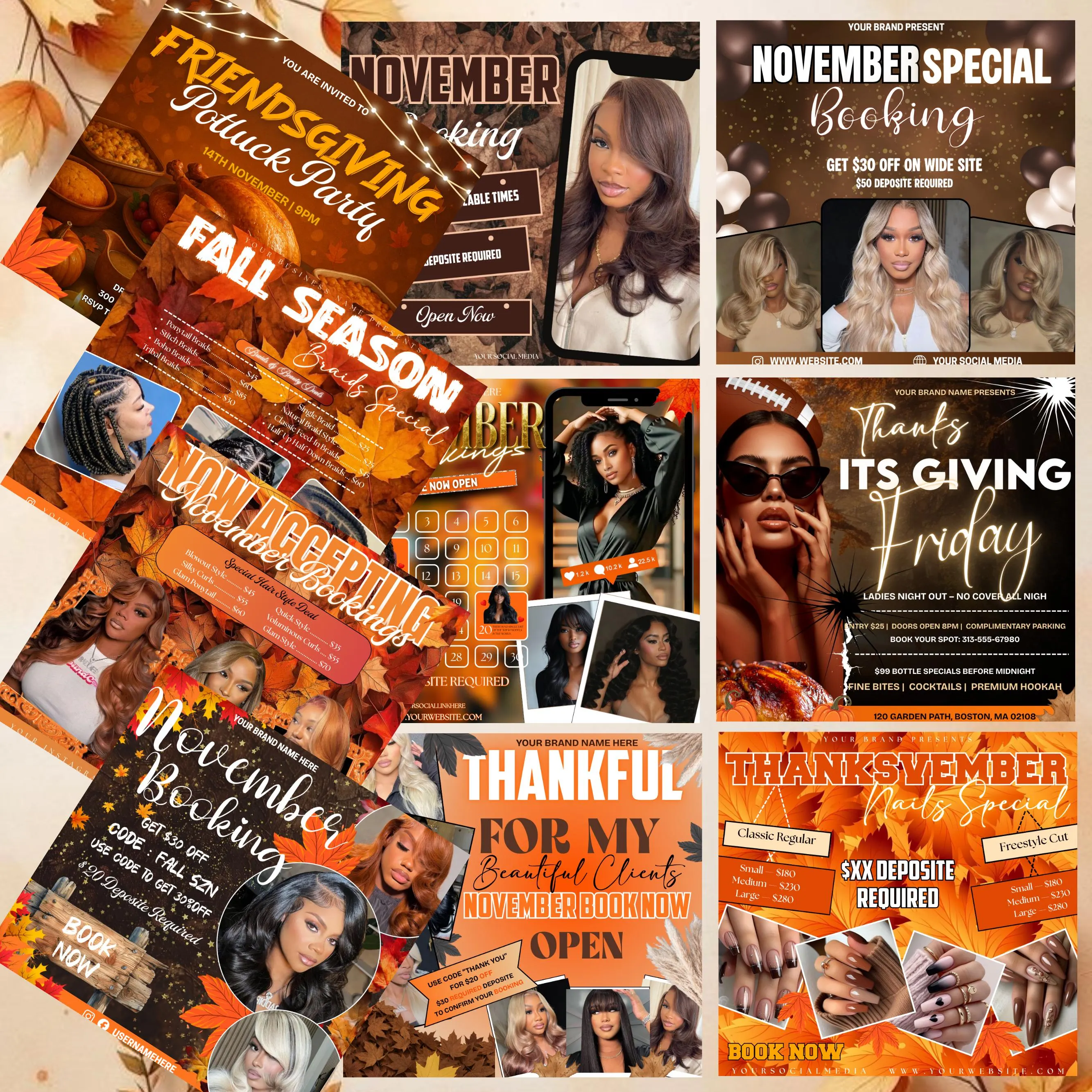 November Booking Flyer Bundle, Fall Season Booking flyer, Thanksgiving flyers, November Books Open, Flyers Templates, DIY Canva Editable