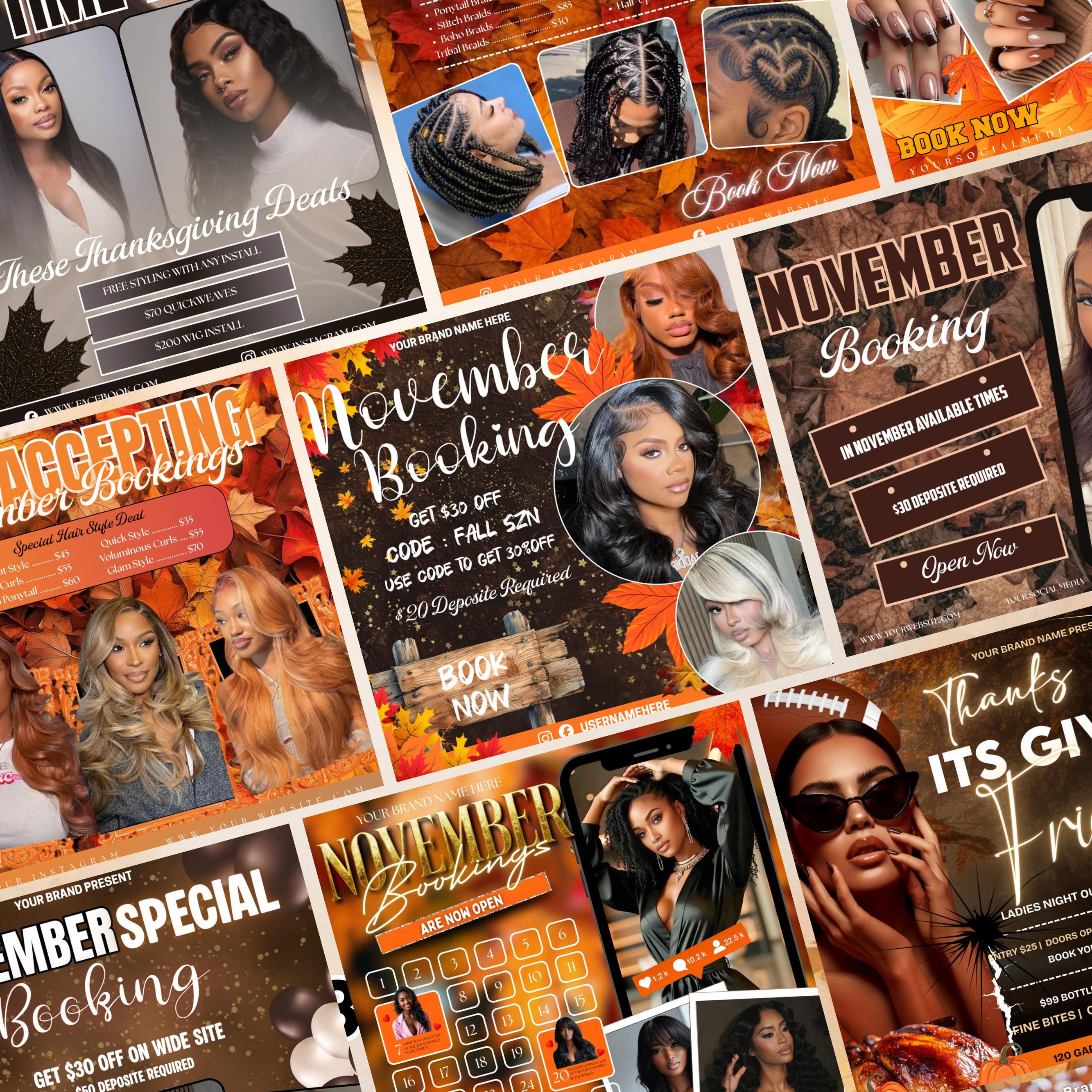 November Booking Flyer Bundle, Fall Season Booking flyer, Thanksgiving flyers, November Books Open, Flyers Templates, DIY Canva Editable
