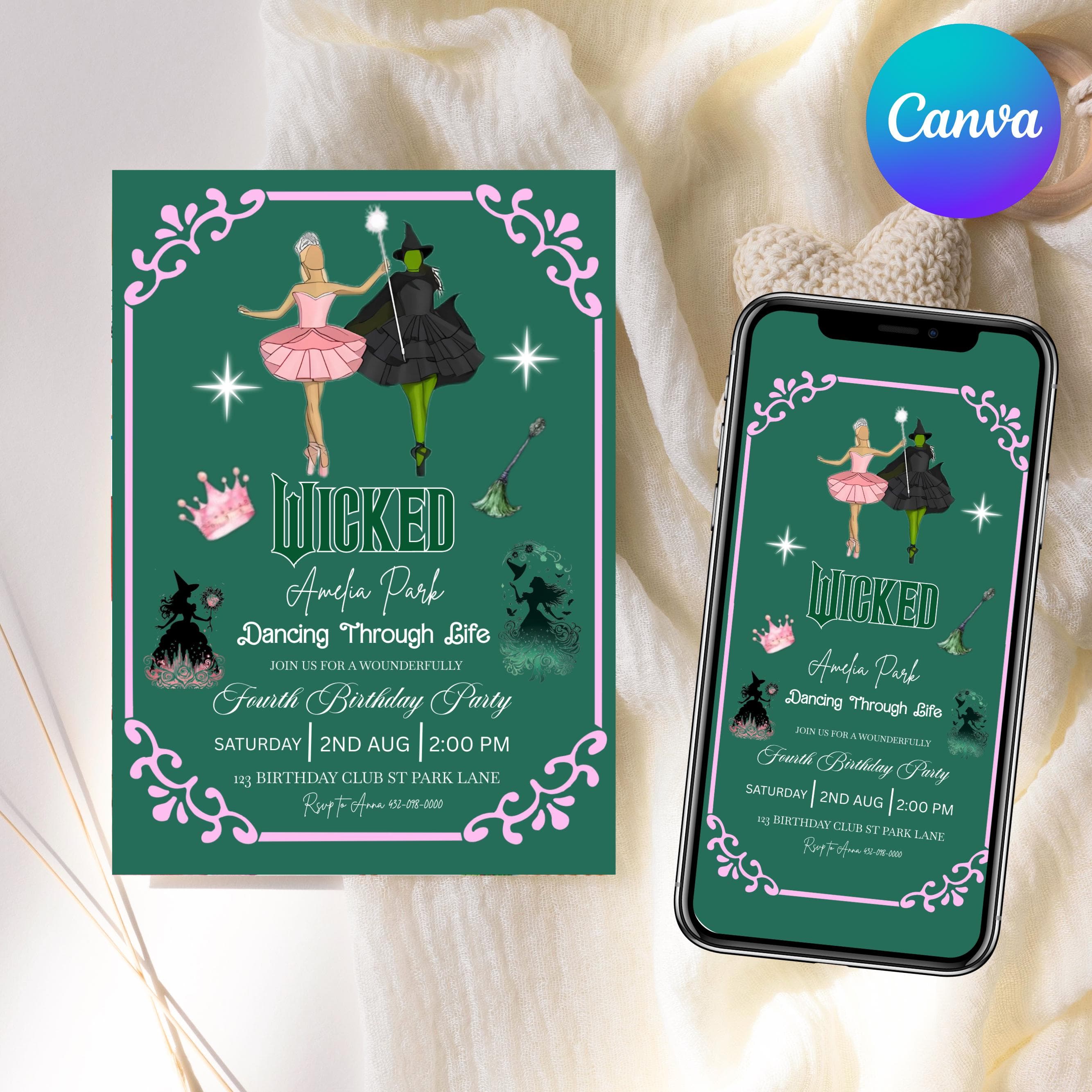 Wicked Birthday Party Invitation, Birthday Party Invitation, Broadway Party Invitation, Elphaba & Glinda Theme, Movie party, Canva Editable - image 2