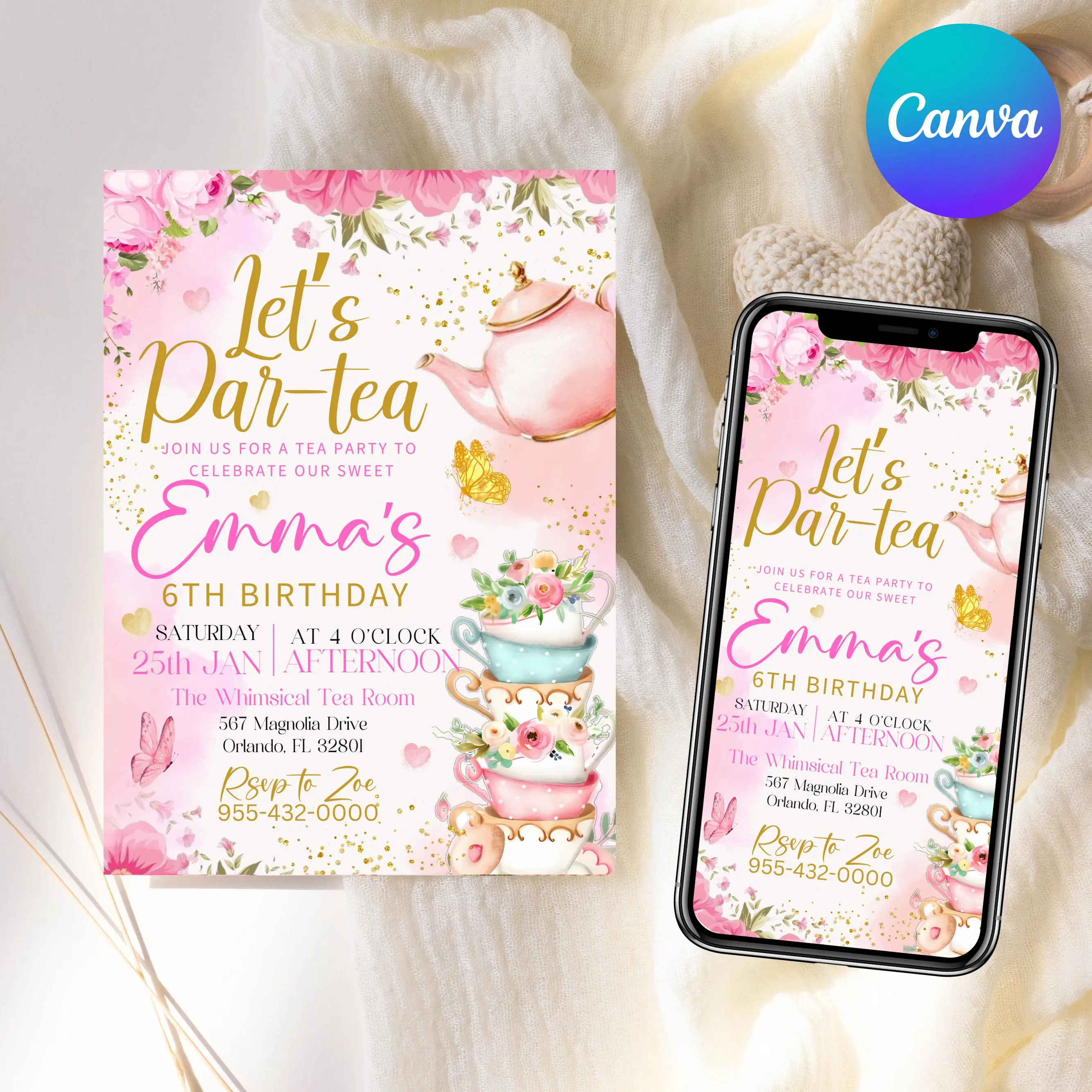 Tea party Birthday Invitation, tea birthday brunch invite, Par-tea birthday invite,  Birthday Party Invitation, party invite, Canva Editable