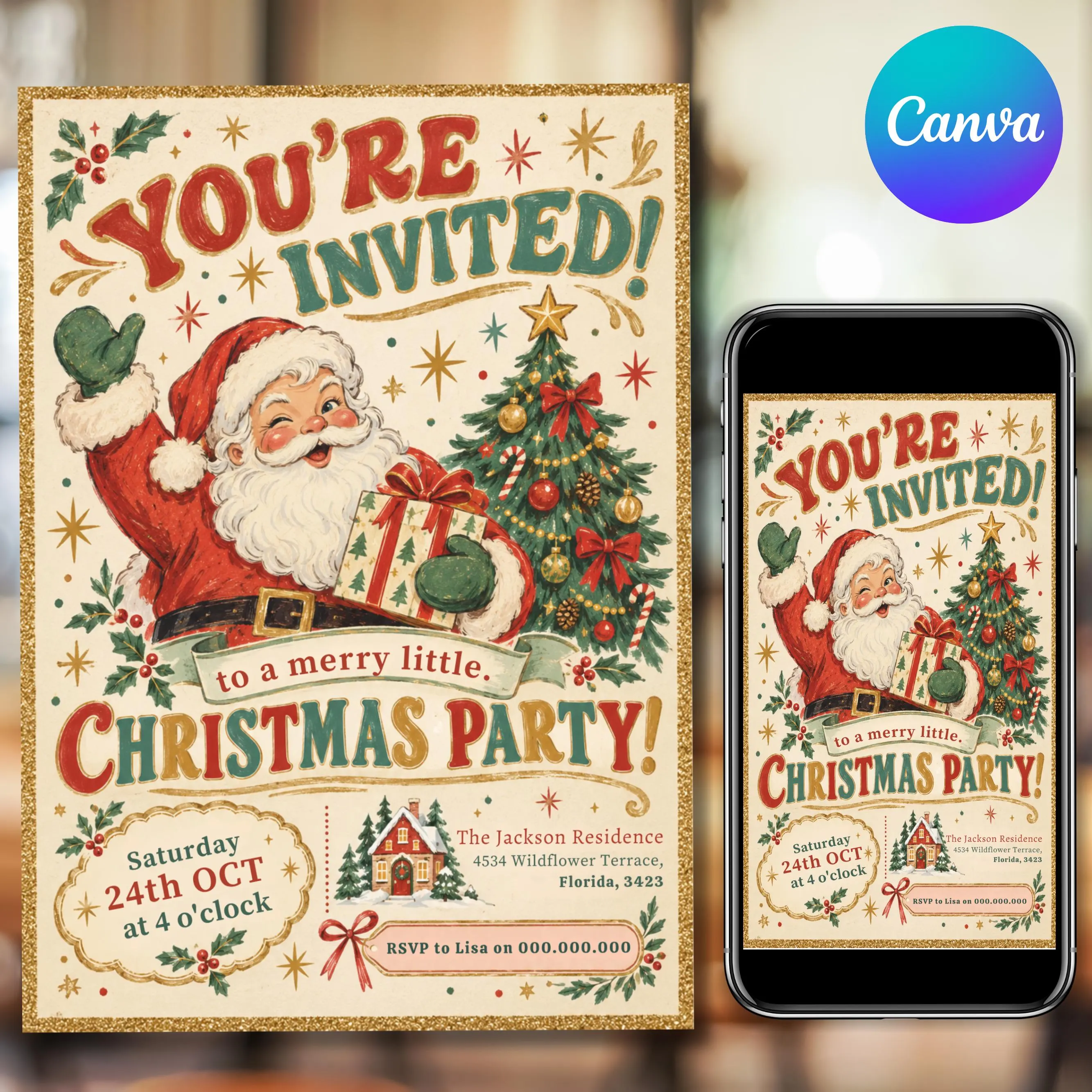 Vintage Santa Christmas Party Invitation Template, Editable Canva Holiday Party Invite, Retro Christmas Invitation, Printable Digital Download