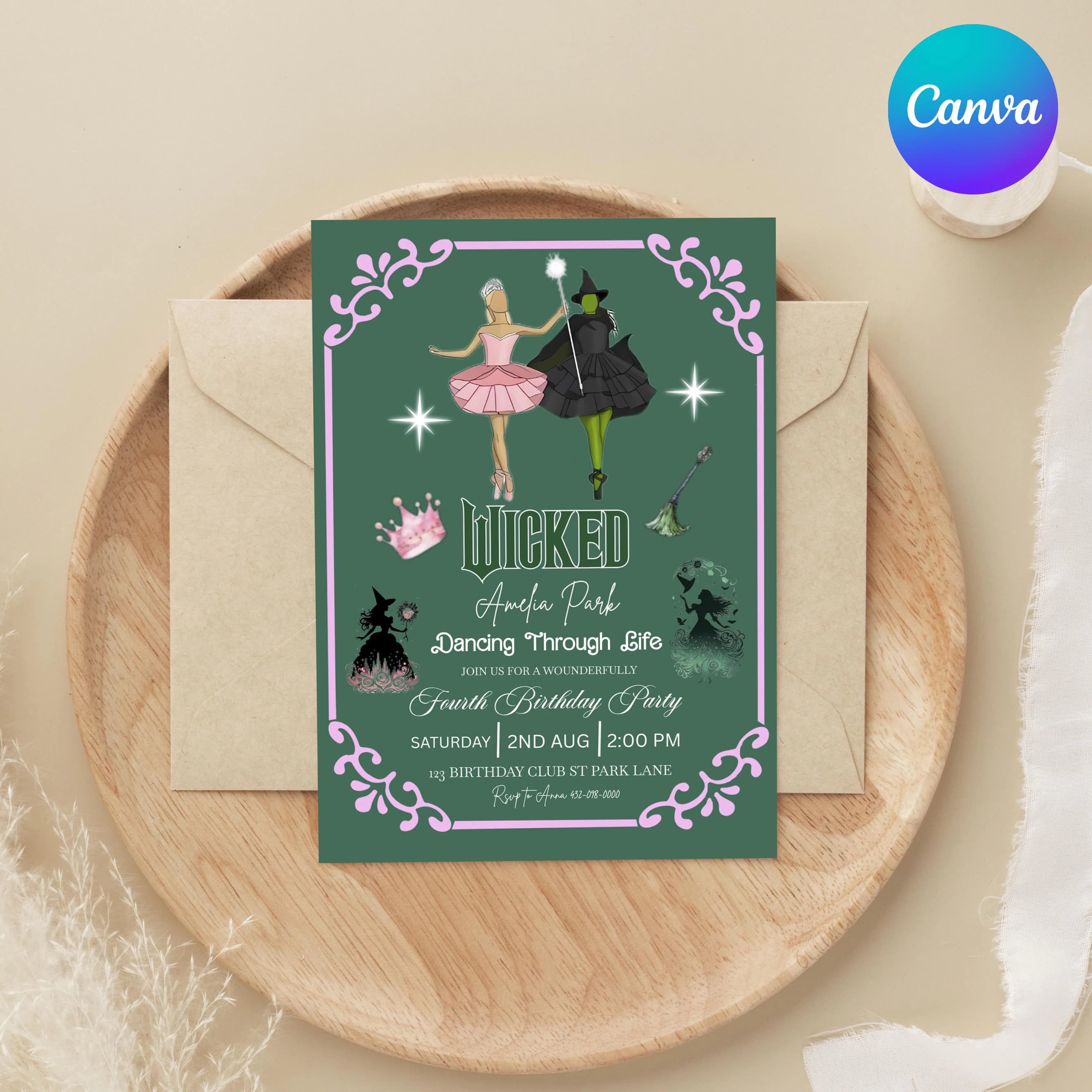 Wicked Birthday Party Invitation, Birthday Party Invitation, Broadway Party Invitation, Elphaba & Glinda Theme, Movie party, Canva Editable - image 4