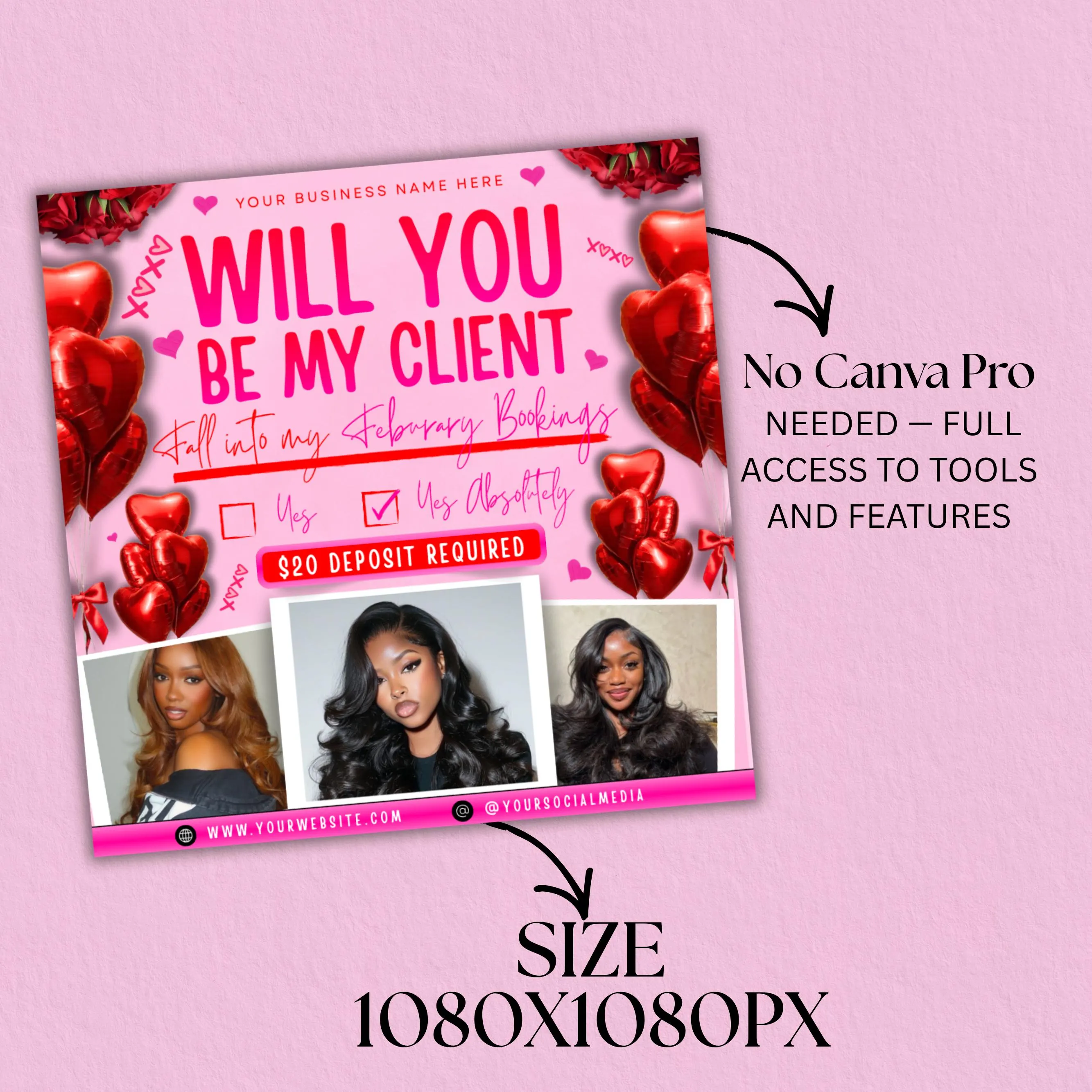 February Booking Flyer, Valentines Day Booking Flyer, Makeup, Hair flyer, Lashes, Wax, Nails, Valentine Deals Flyer, DIY, Canva Editable
