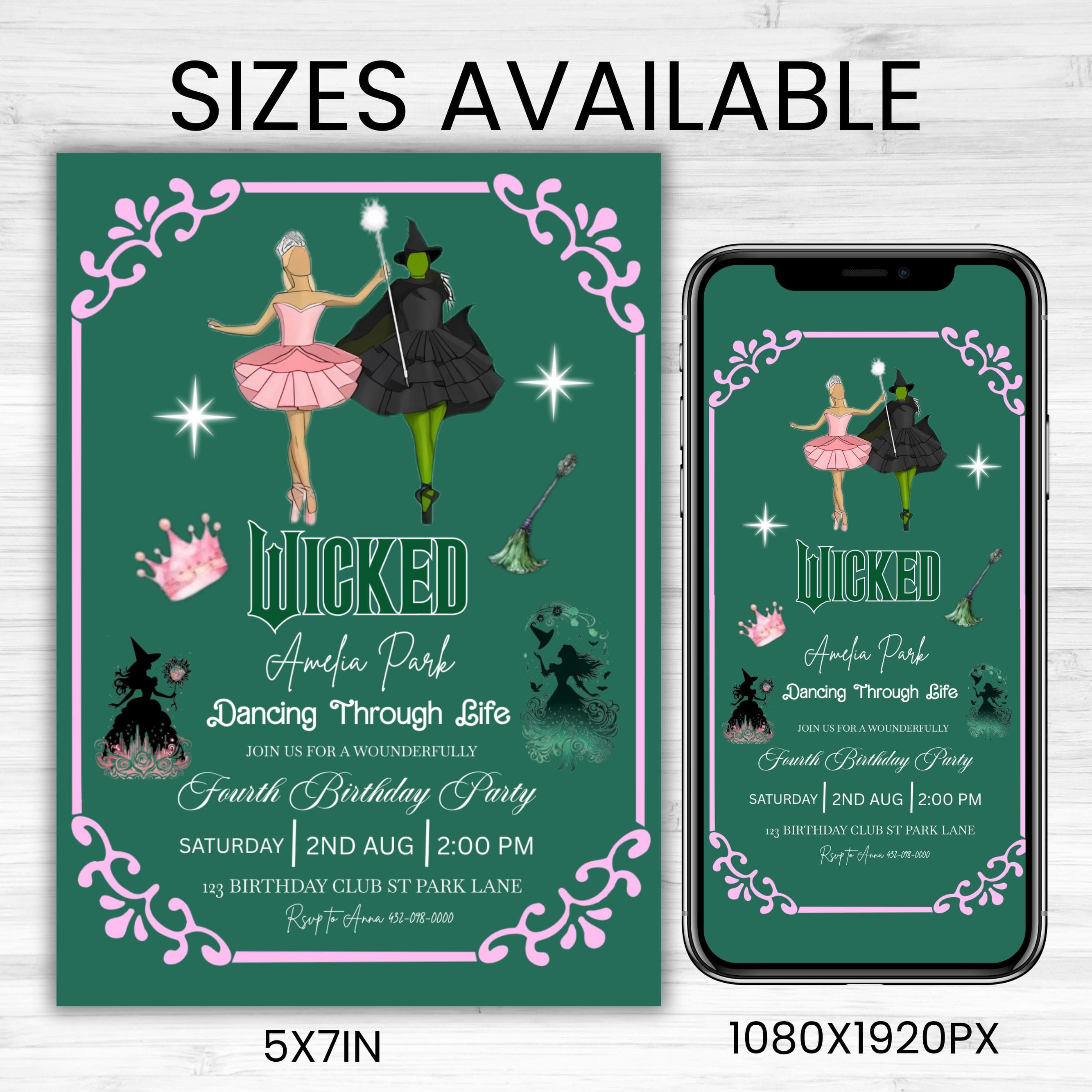 Wicked Birthday Party Invitation, Birthday Party Invitation, Broadway Party Invitation, Elphaba & Glinda Theme, Movie party, Canva Editable - image 5