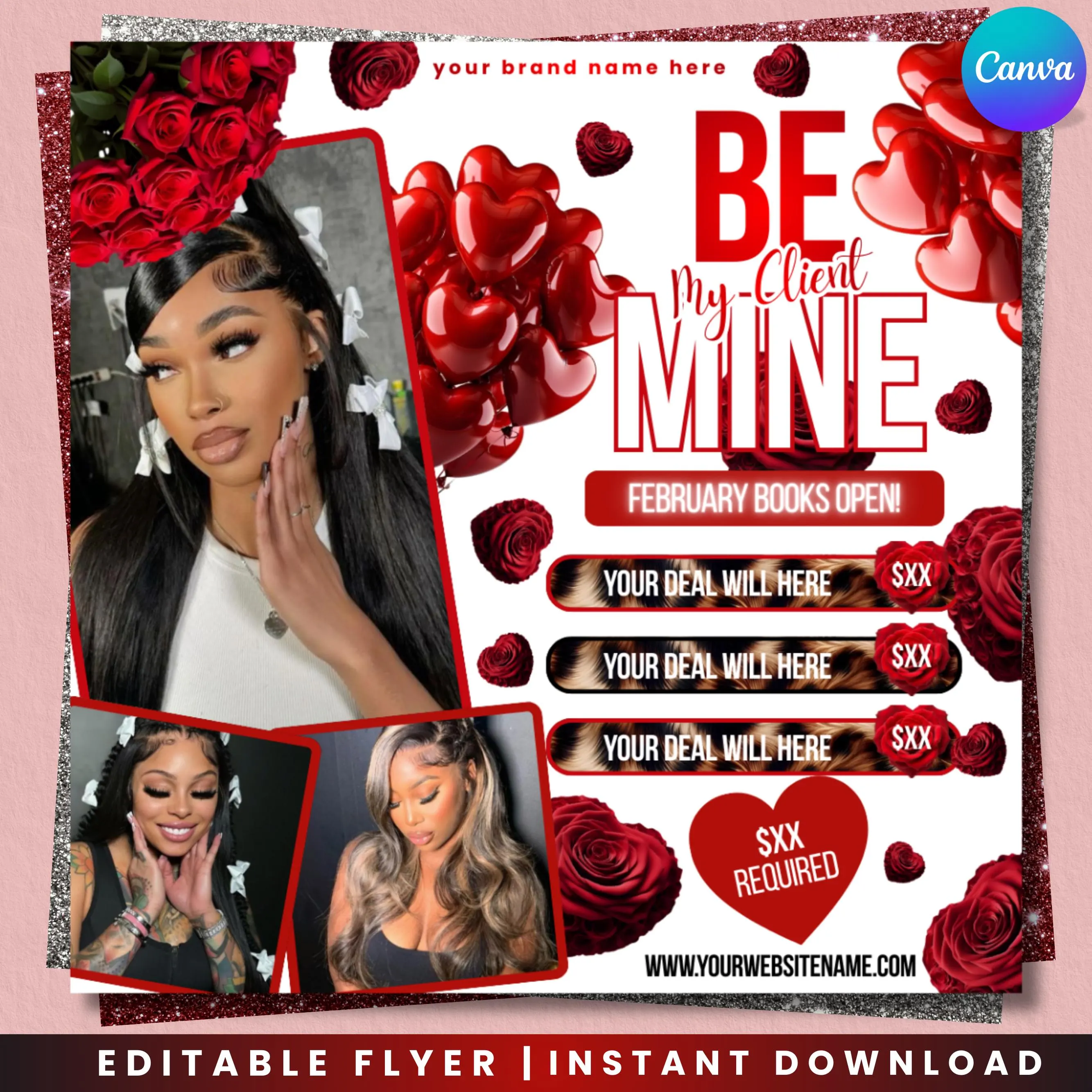 February Booking Flyer, Valentines Day Booking Flyer, February Booking, Holiday Deals Flyer, Makeup, Hair, Lashes, Nails, Canva Editable