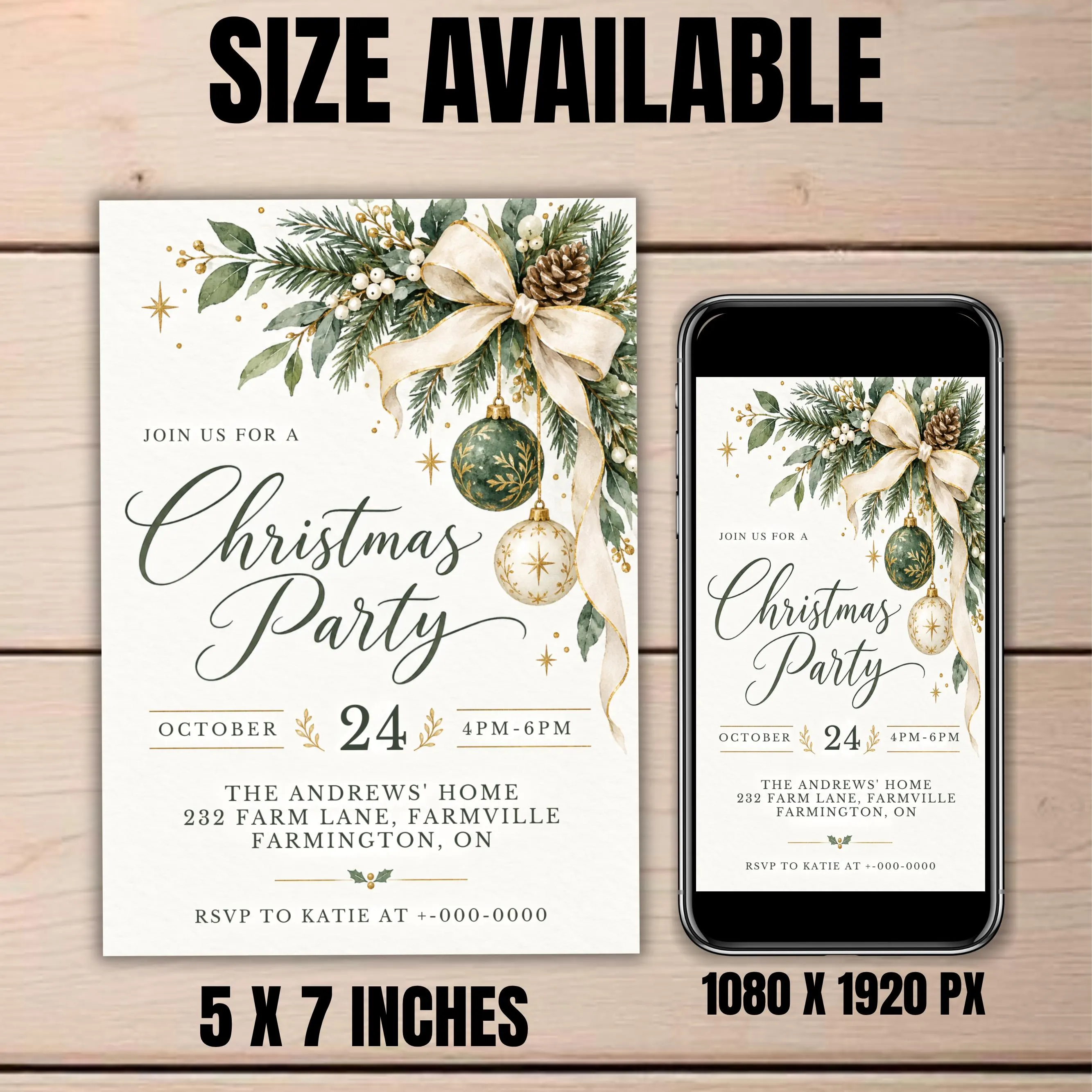 Christmas Party Invitation, Editable Canva Template, Elegant Holiday Party Invite, Green Gold Christmas Invitation, Printable Xmas Invite