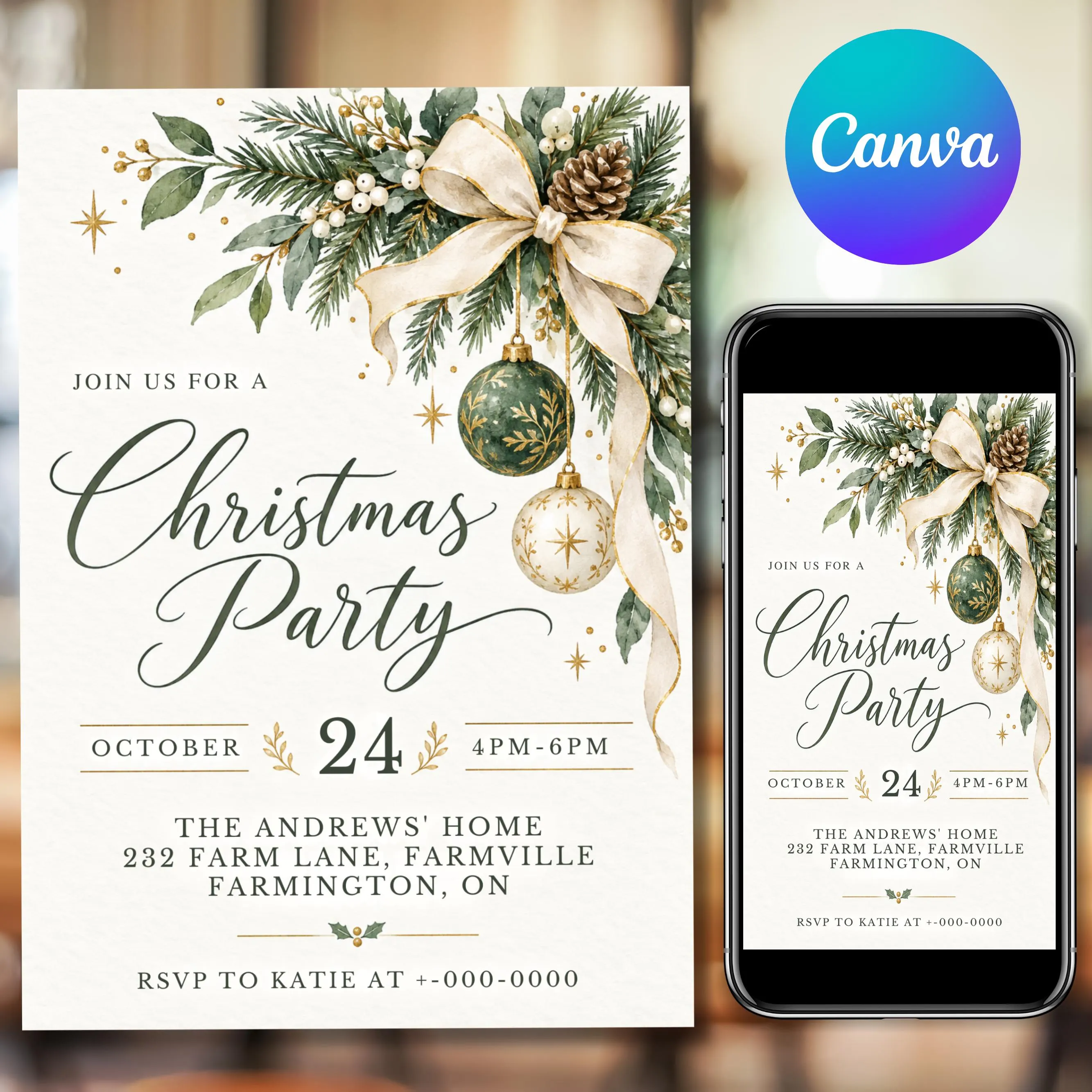 Christmas Party Invitation, Editable Canva Template, Elegant Holiday Party Invite, Green Gold Christmas Invitation, Printable Xmas Invite